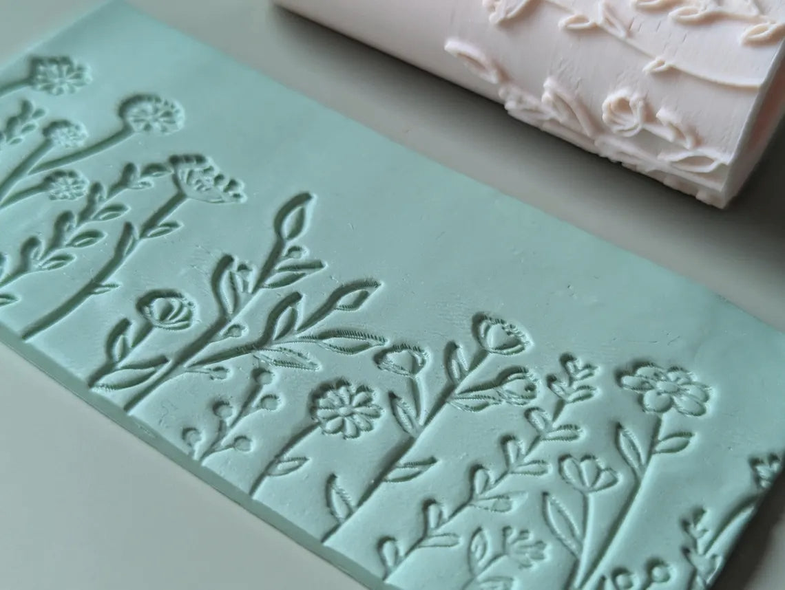 Wild flower border polymer clay seamless texture hand roller embossing set