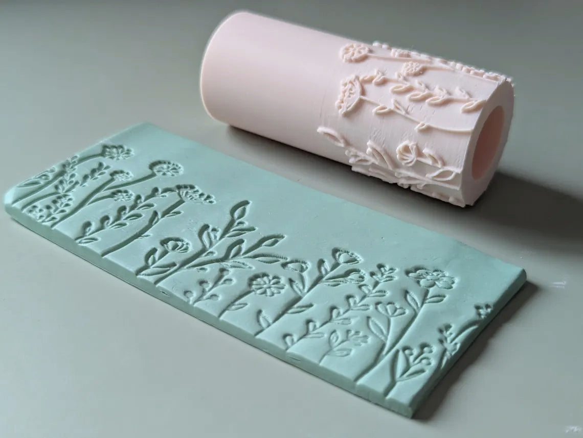 Wild flower border polymer clay seamless texture hand roller embossing set