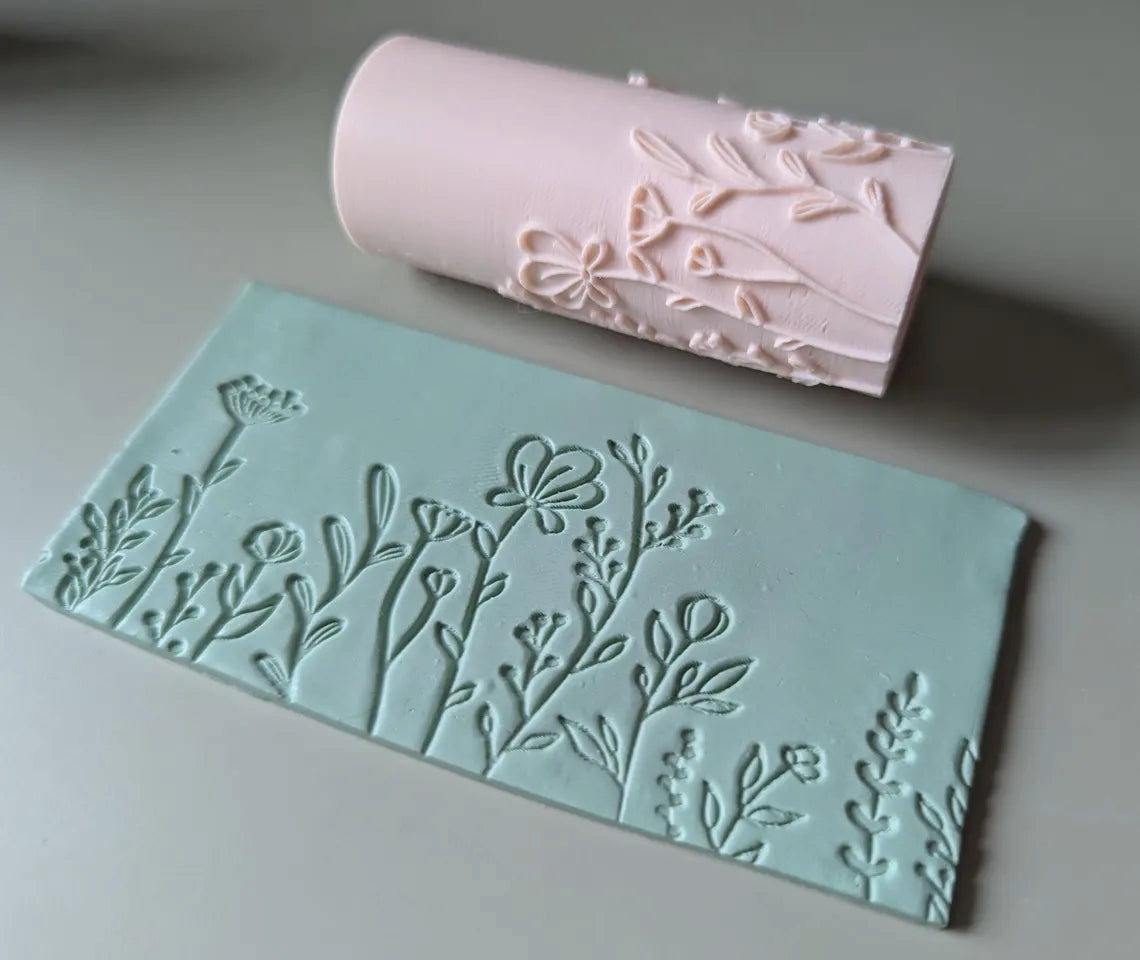 Wild flower border polymer clay seamless texture hand roller embossing set