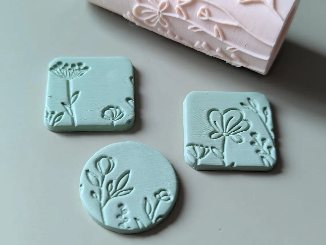 Wild flower border polymer clay seamless texture hand roller embossing set