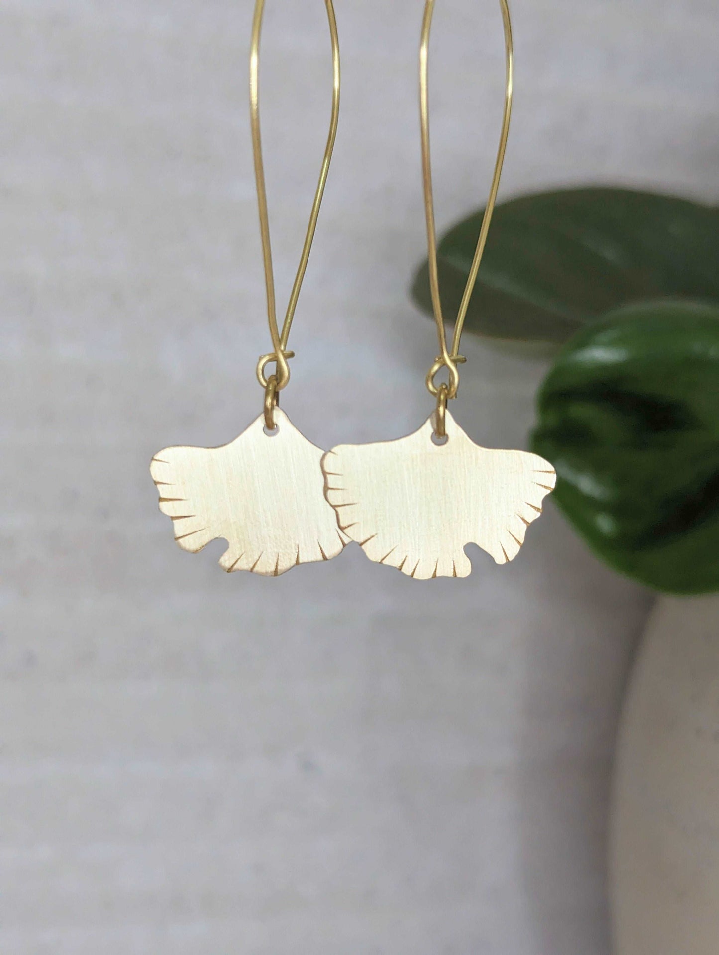 HANDMADE GINGKO BILOBA LEAF SOLID BRASS GOLD HOOP EARRINGS