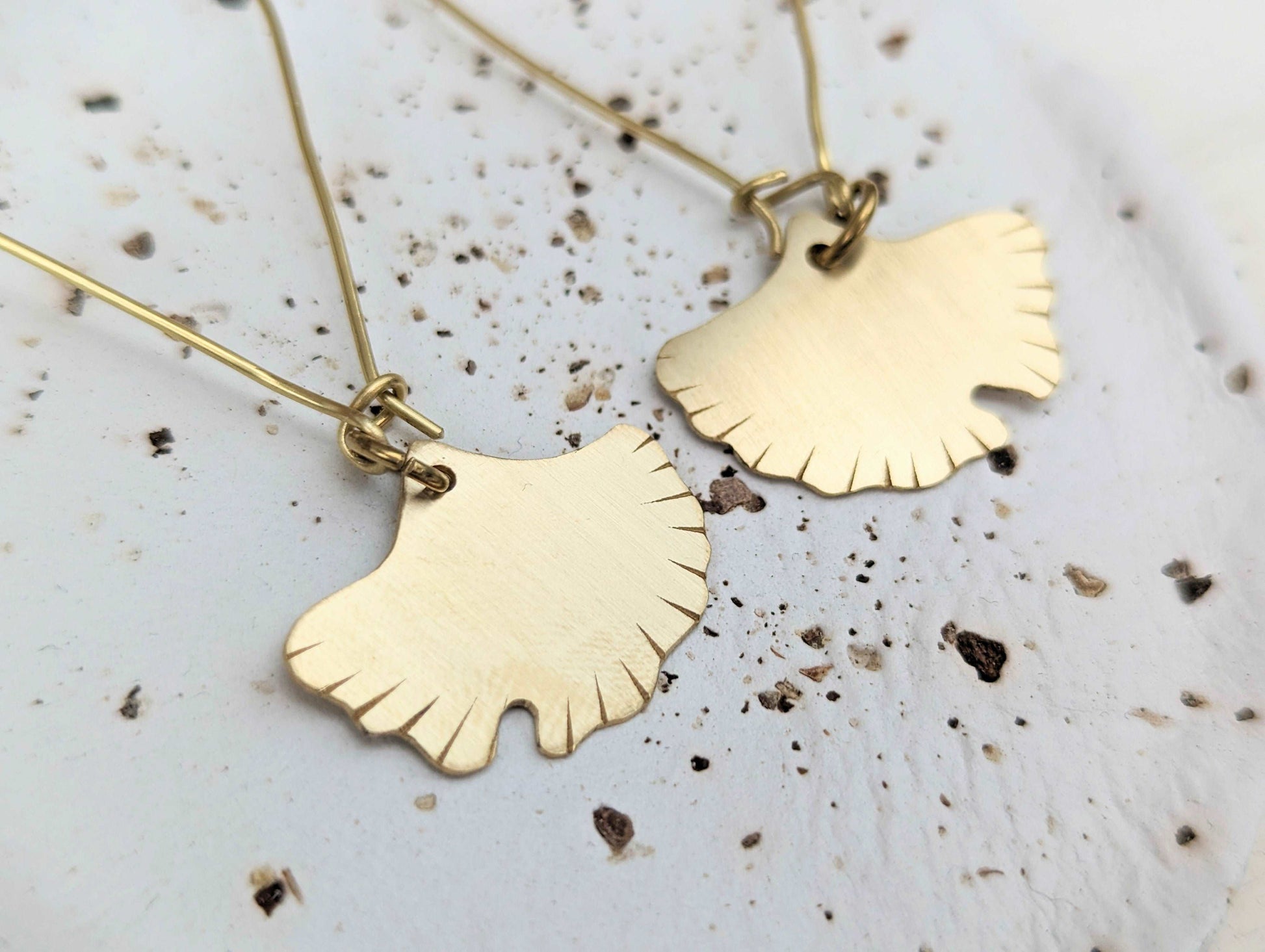 HANDMADE GINGKO BILOBA LEAF SOLID BRASS GOLD HOOP EARRINGS