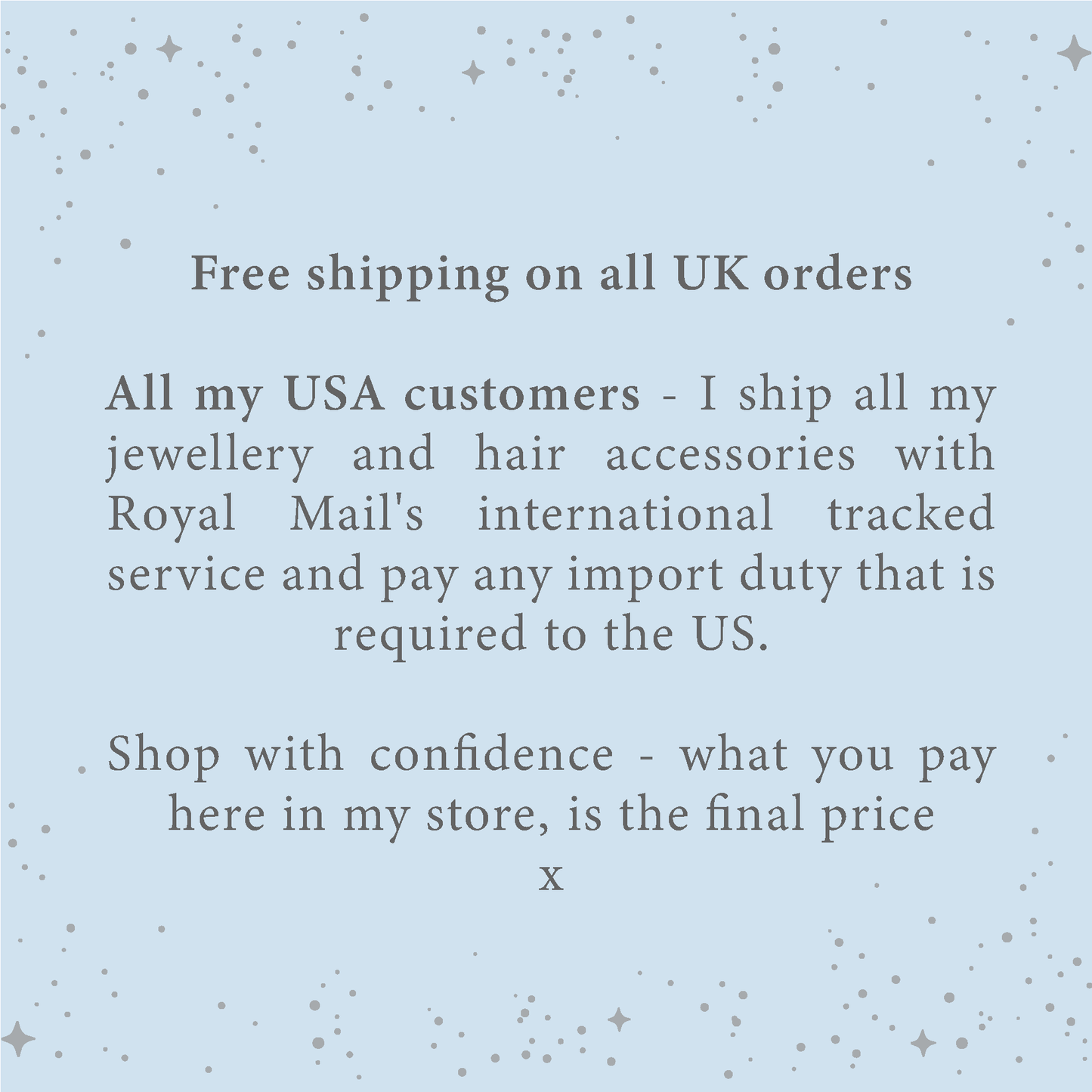 Text on a light blue background about free shipping and international shipping policies.