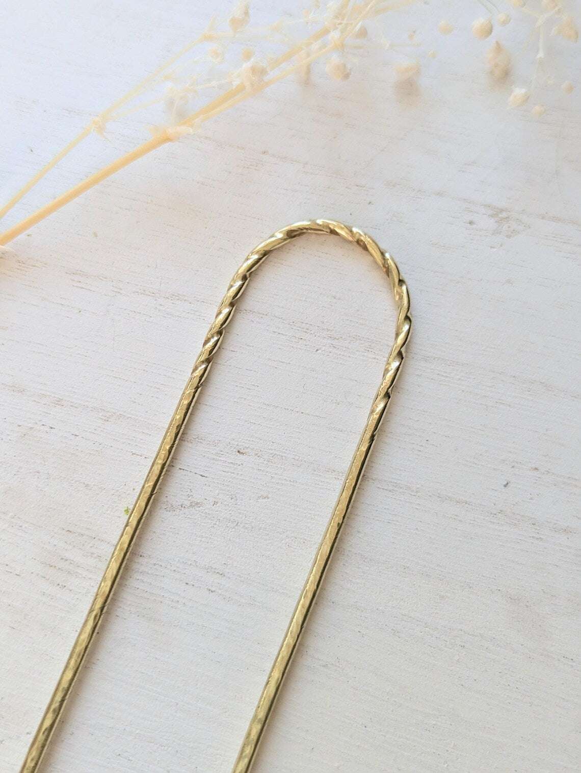 Twist & Hammered gold U pin bun holder Hair fork - close up of twist at the top of hammered u pin fork