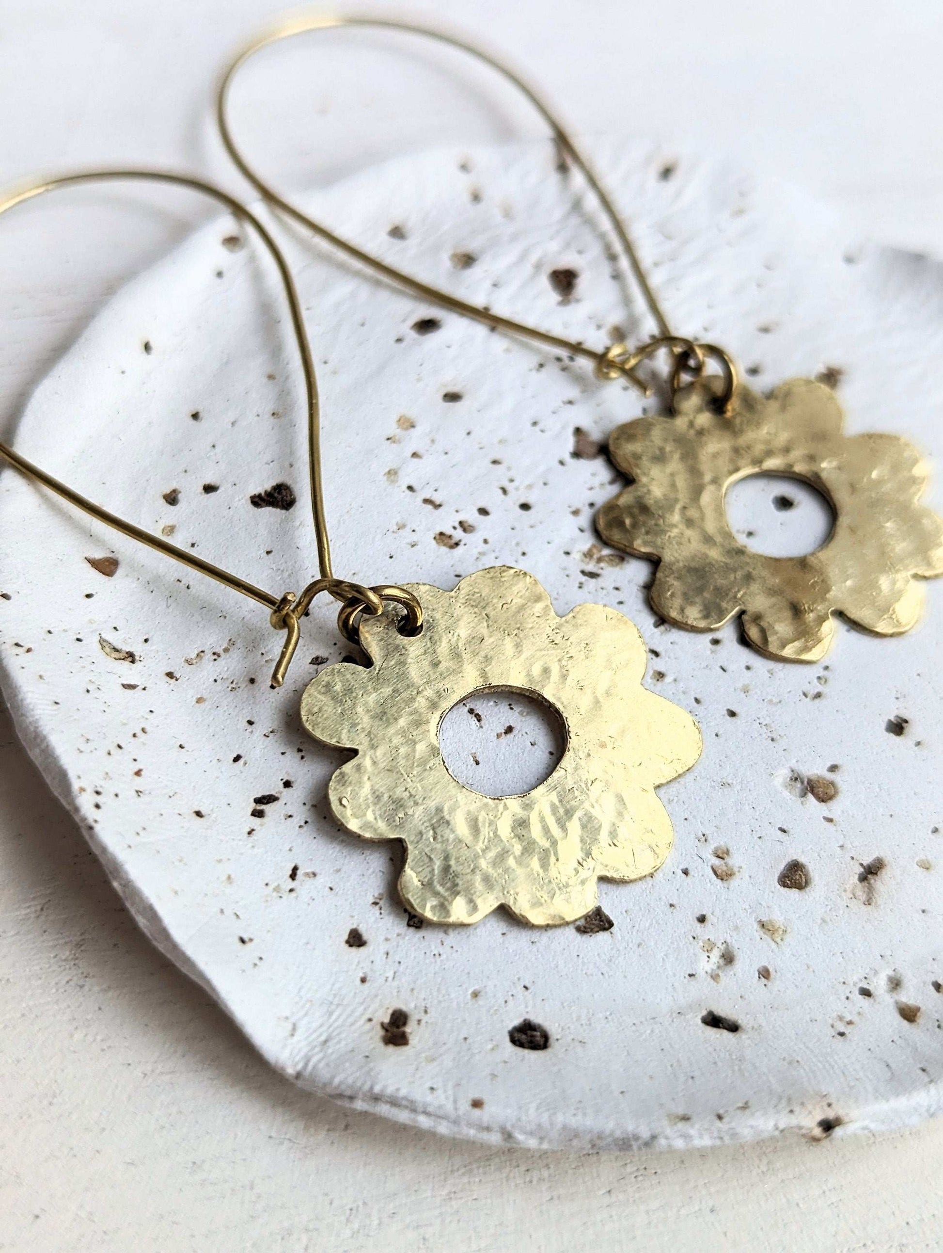 Handcrafted Beaten Brass Daisy Hoop Earrings