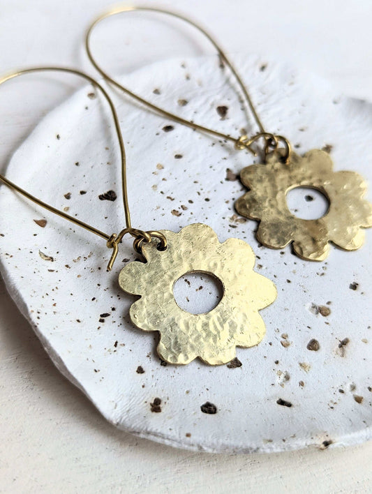 Handcrafted Beaten Brass Daisy Hoop Earrings