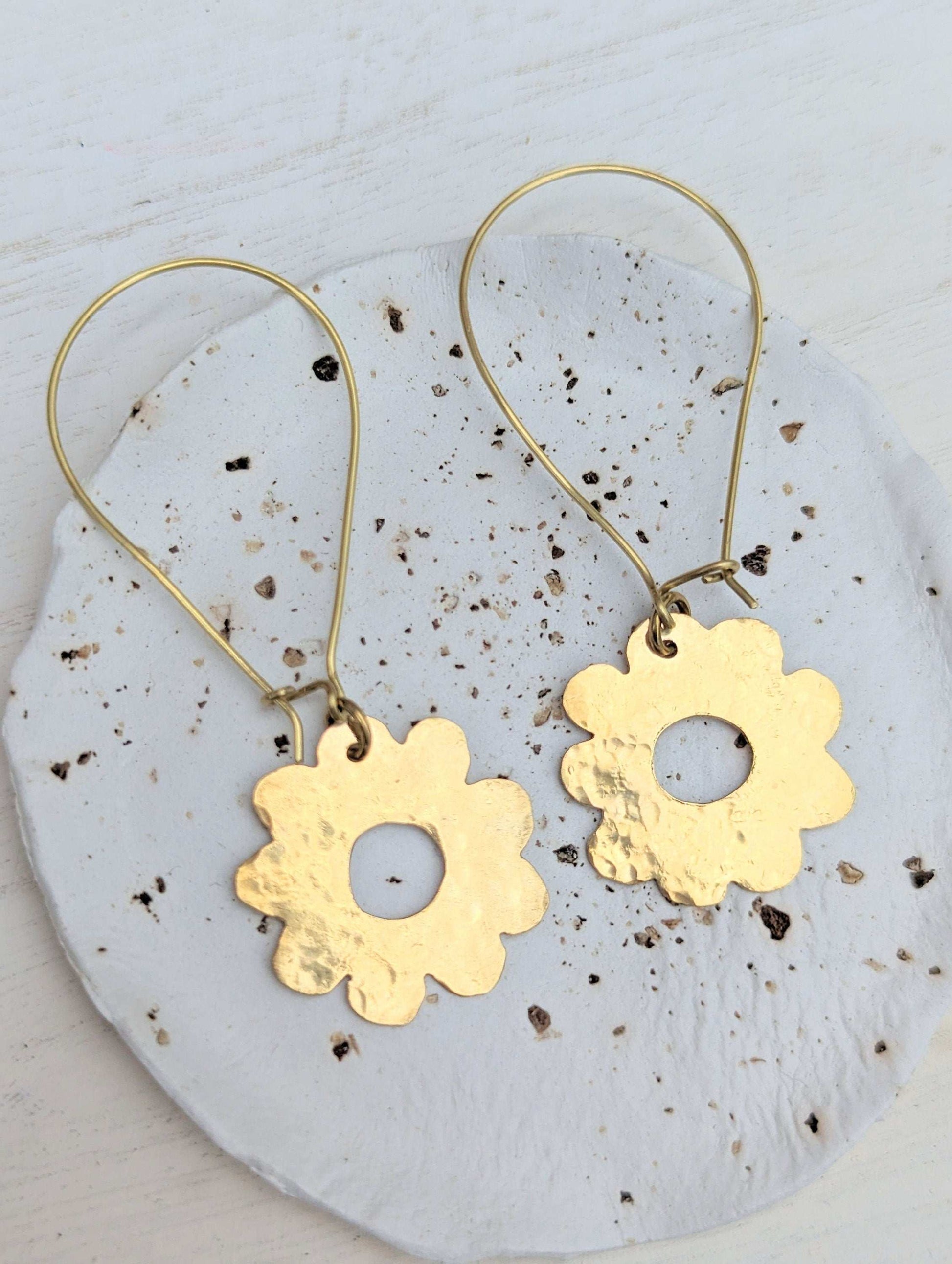Handcrafted Beaten Brass Daisy Hoop Earrings