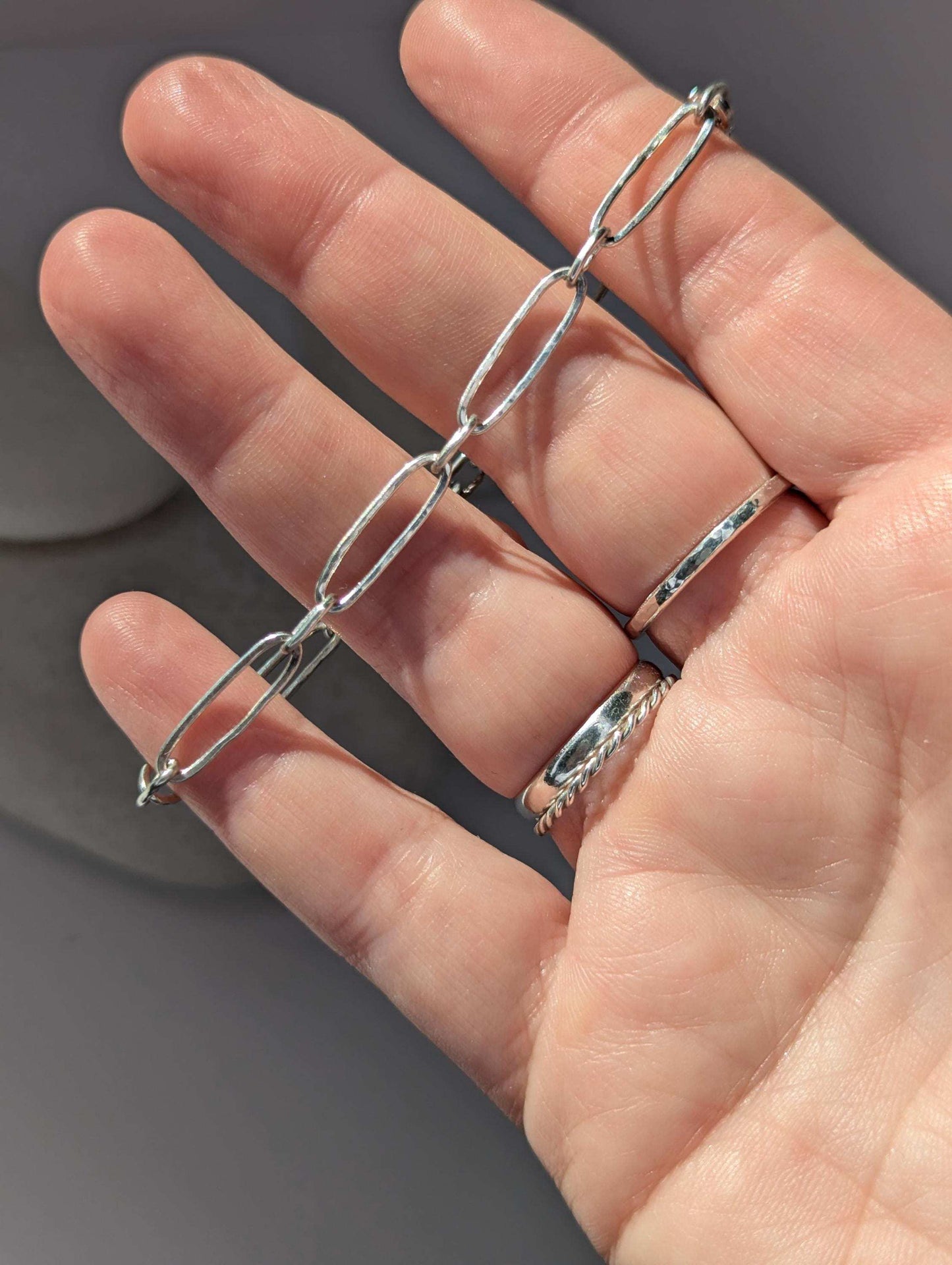 Beachy hammered texture sterling silver long link paperclip bracelet with lobster clasp
