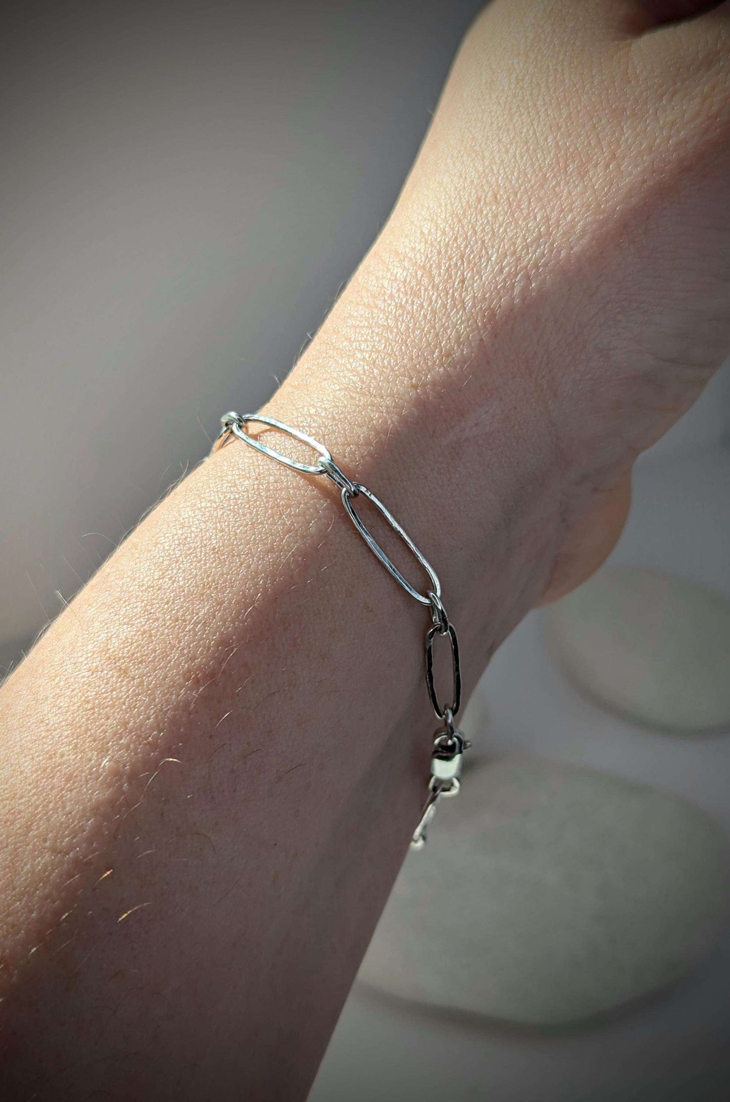 Beachy hammered texture sterling silver long link paperclip bracelet with lobster clasp