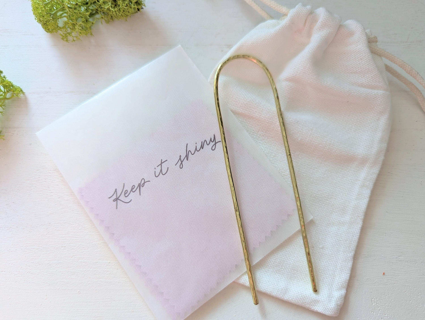 Hammered brass Gold Hair fork, minimalist hair accessory - cotton bag and polishing cloths included