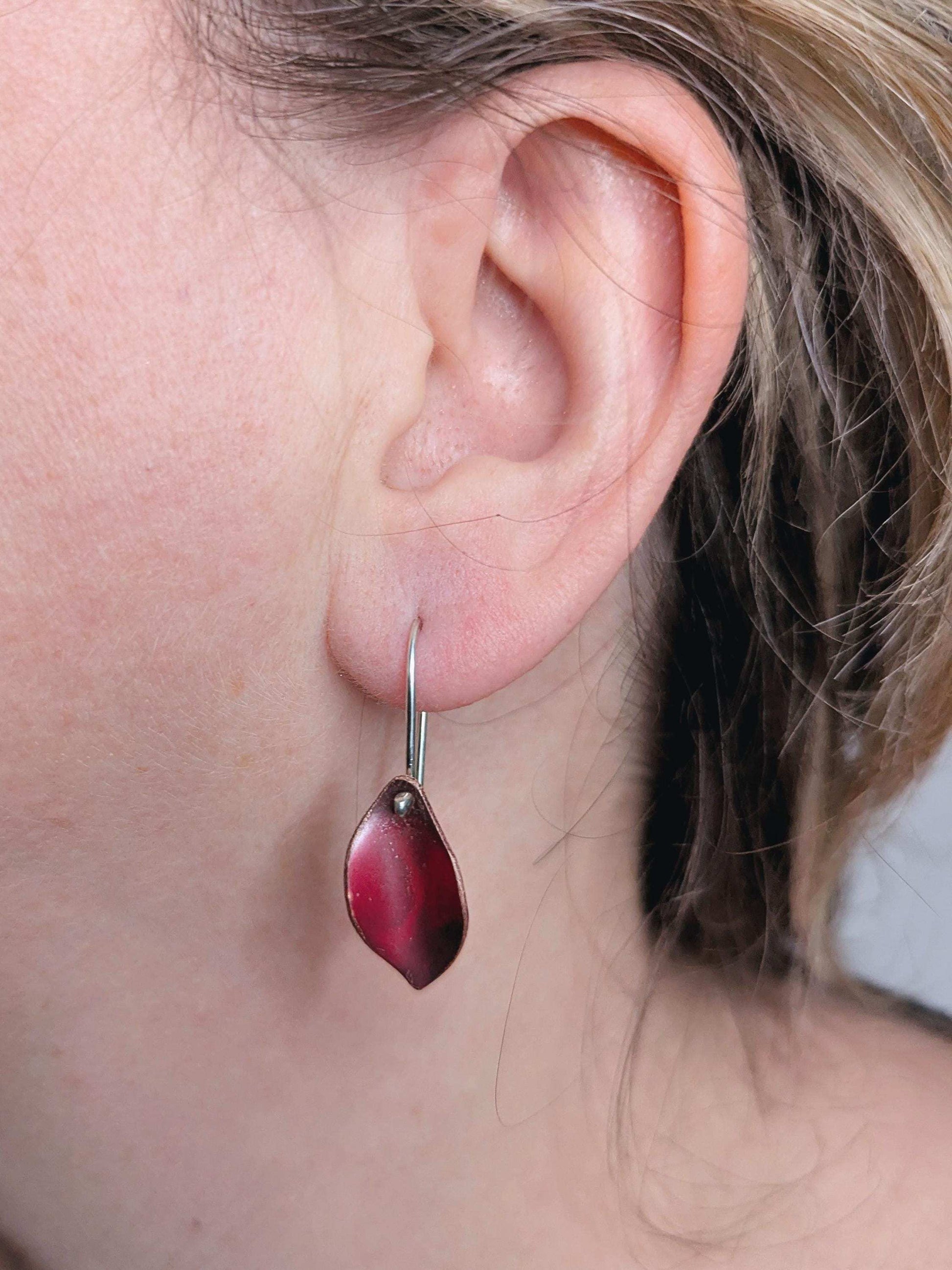 Handcrafted Autumn Leaf Dangle Earrings in Sterling Silver & Copper Patina - worn of ear