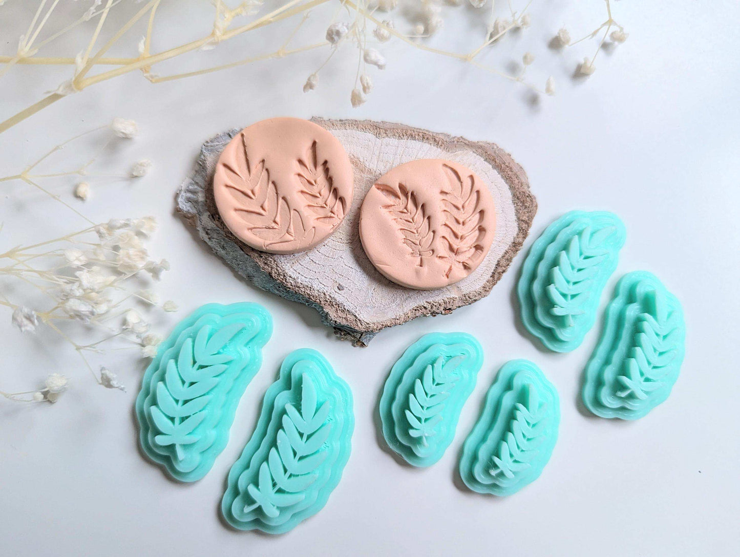 Leaf clay stamps, botanical polymer clay stem stamp sets