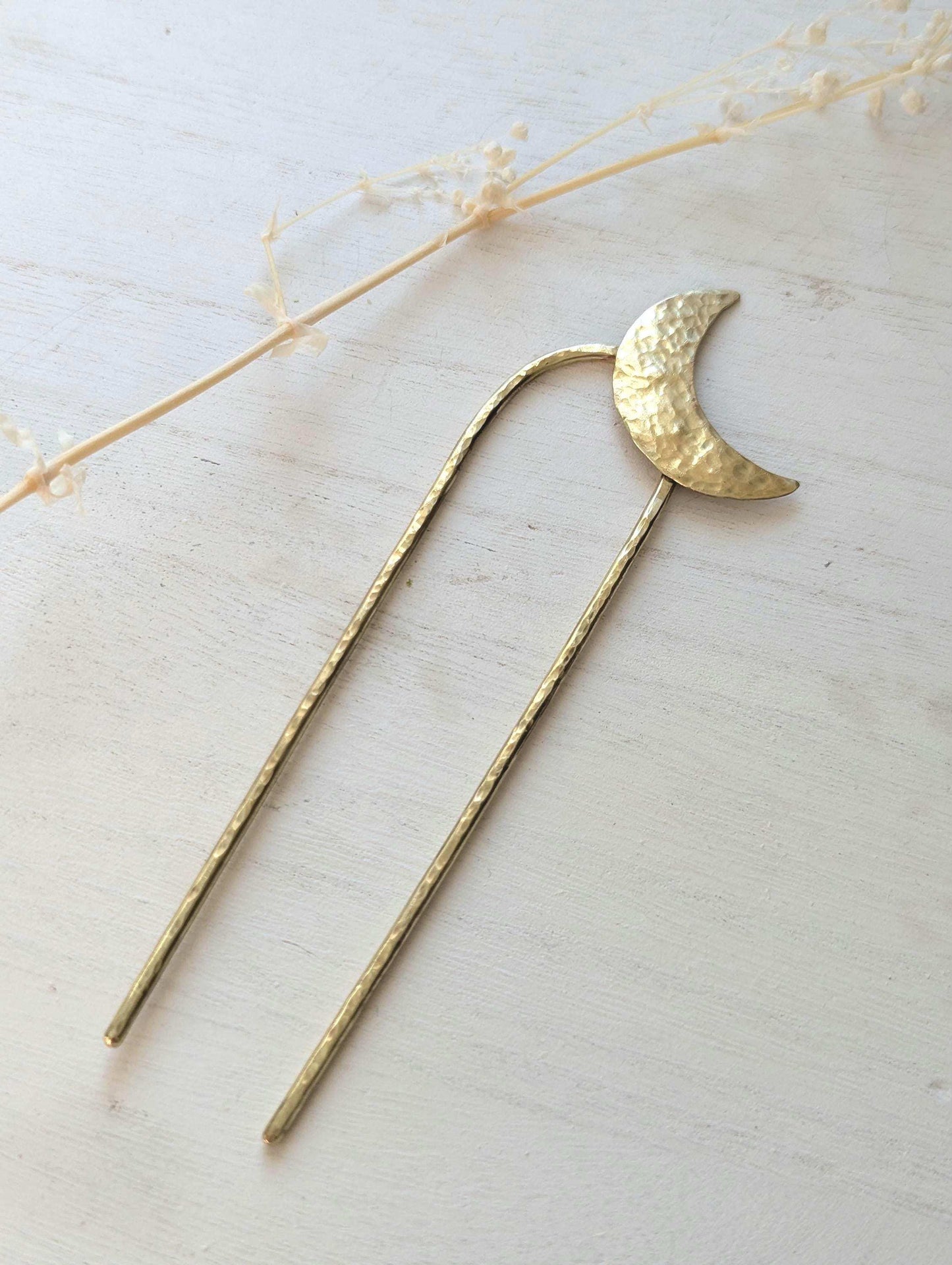 Gold Moon U Pin French bun hair fork - hammered brass moon is offset to the top right of the hair fork