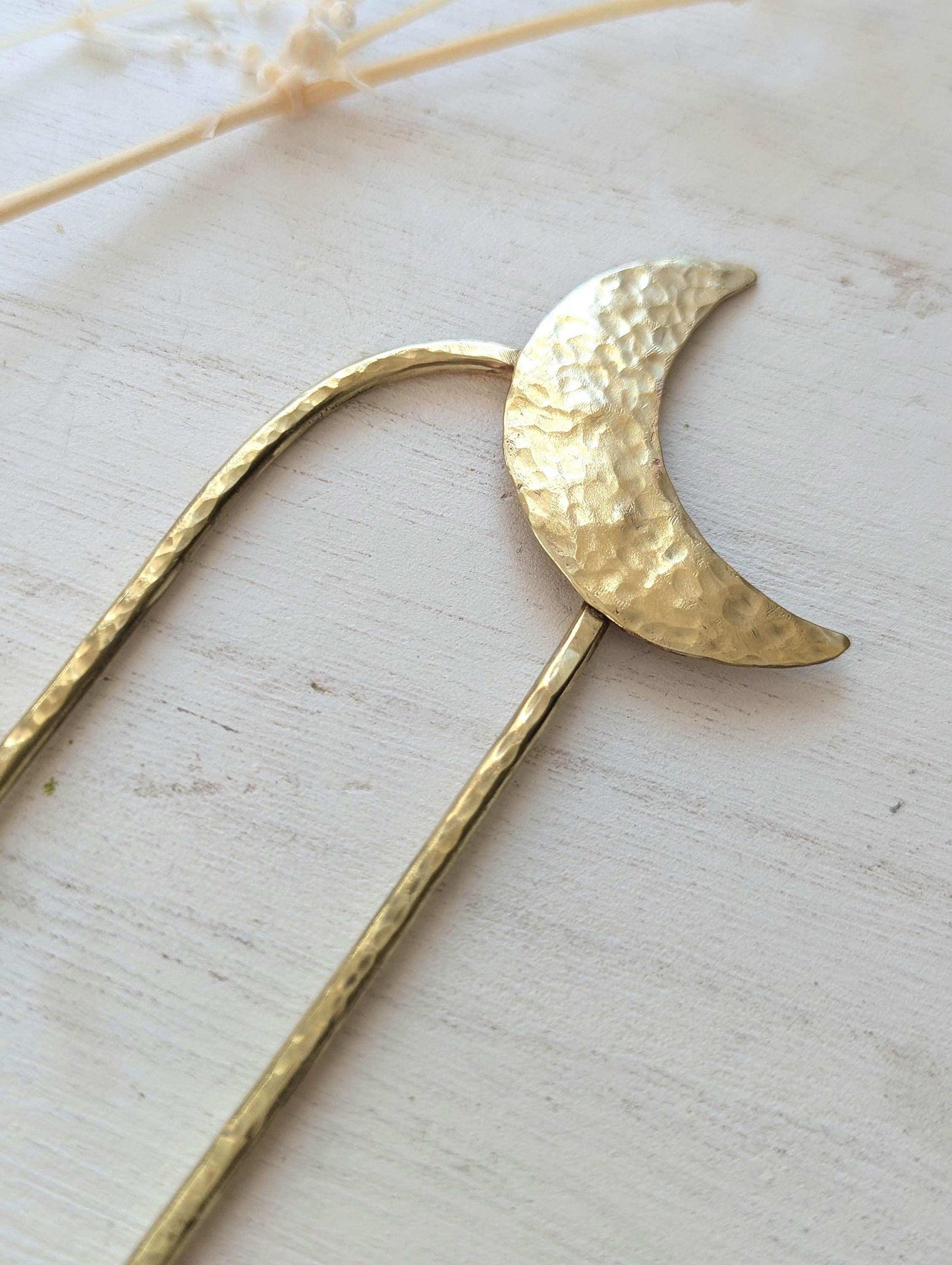 Gold Moon U Pin French bun hair fork - hammered brass moon is offset to the top right of the hair fork