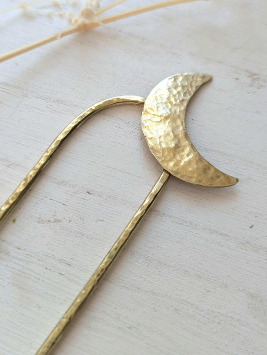 Gold Moon U Pin French bun hair fork - hammered brass moon is offset to the top right of the hair fork