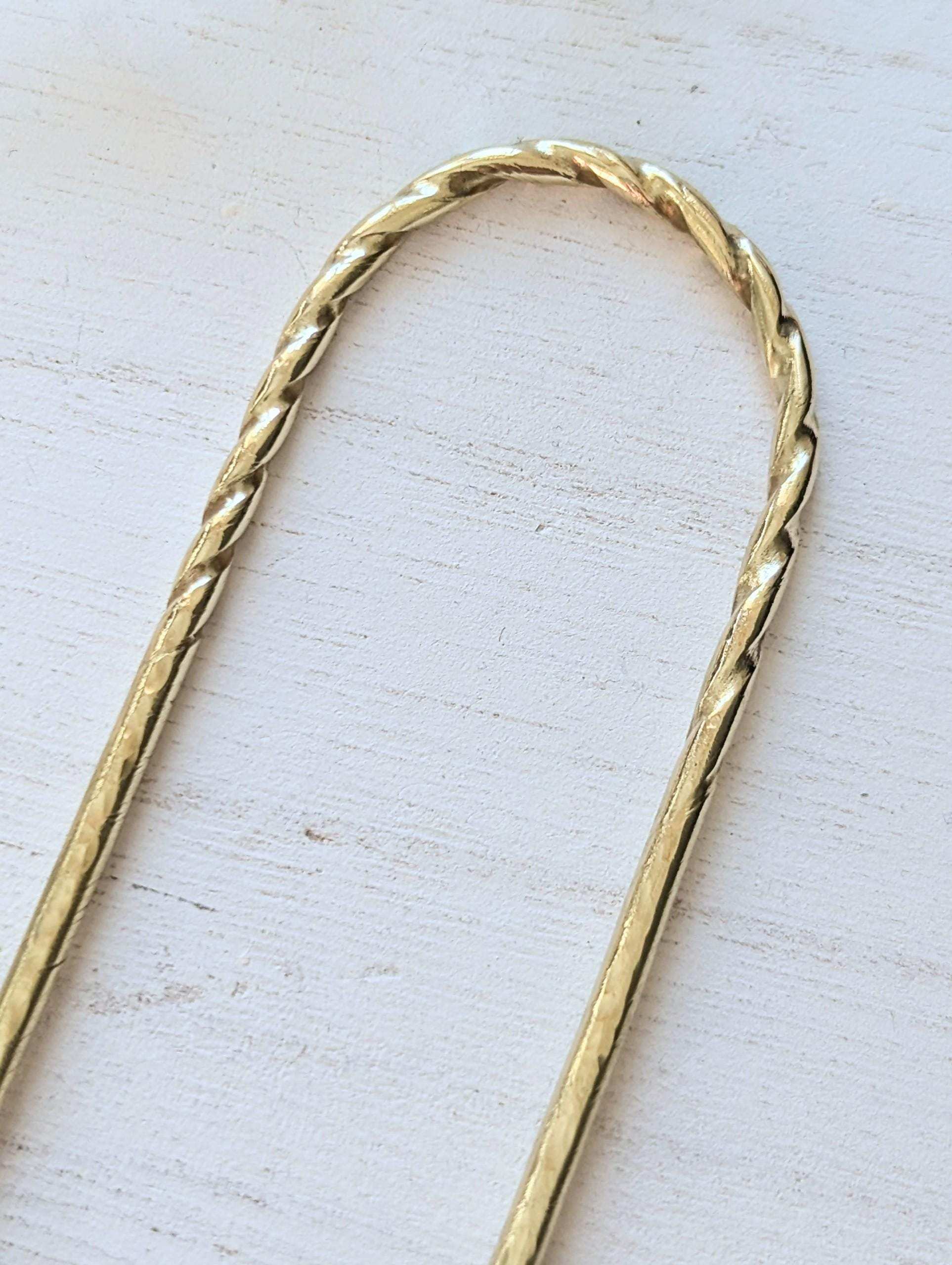 Twist & Hammered gold U pin bun holder Hair fork - close up of twist at the top of hammered u pin fork