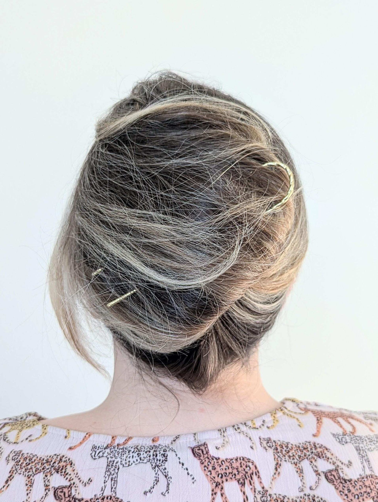 Twist & Hammered gold U pin bun holder Hair fork -styled in a french twist