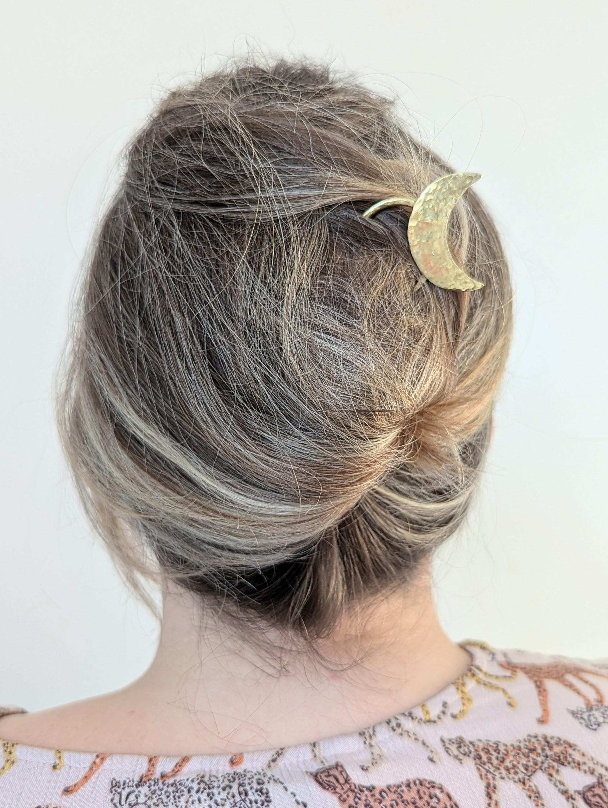 Gold Moon U Pin French bun hair fork - hammered brass moon is offset to the top right of the hair fork