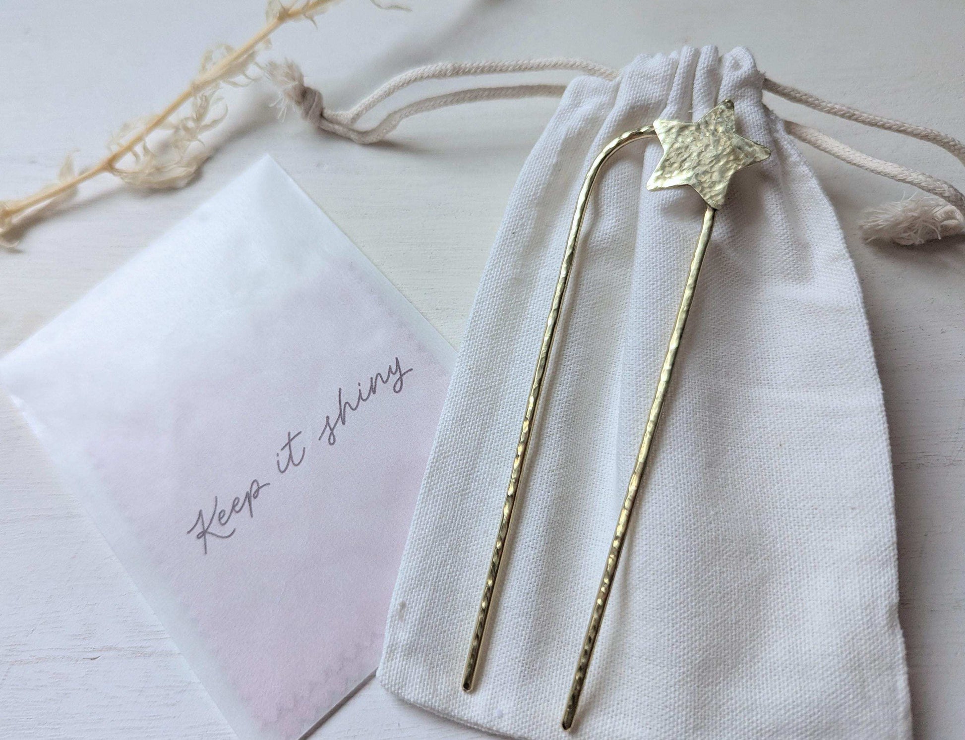 Handcrafted and forged hammered gold star rounded French pin bun hair fork - cotton bag and polishing clothes included