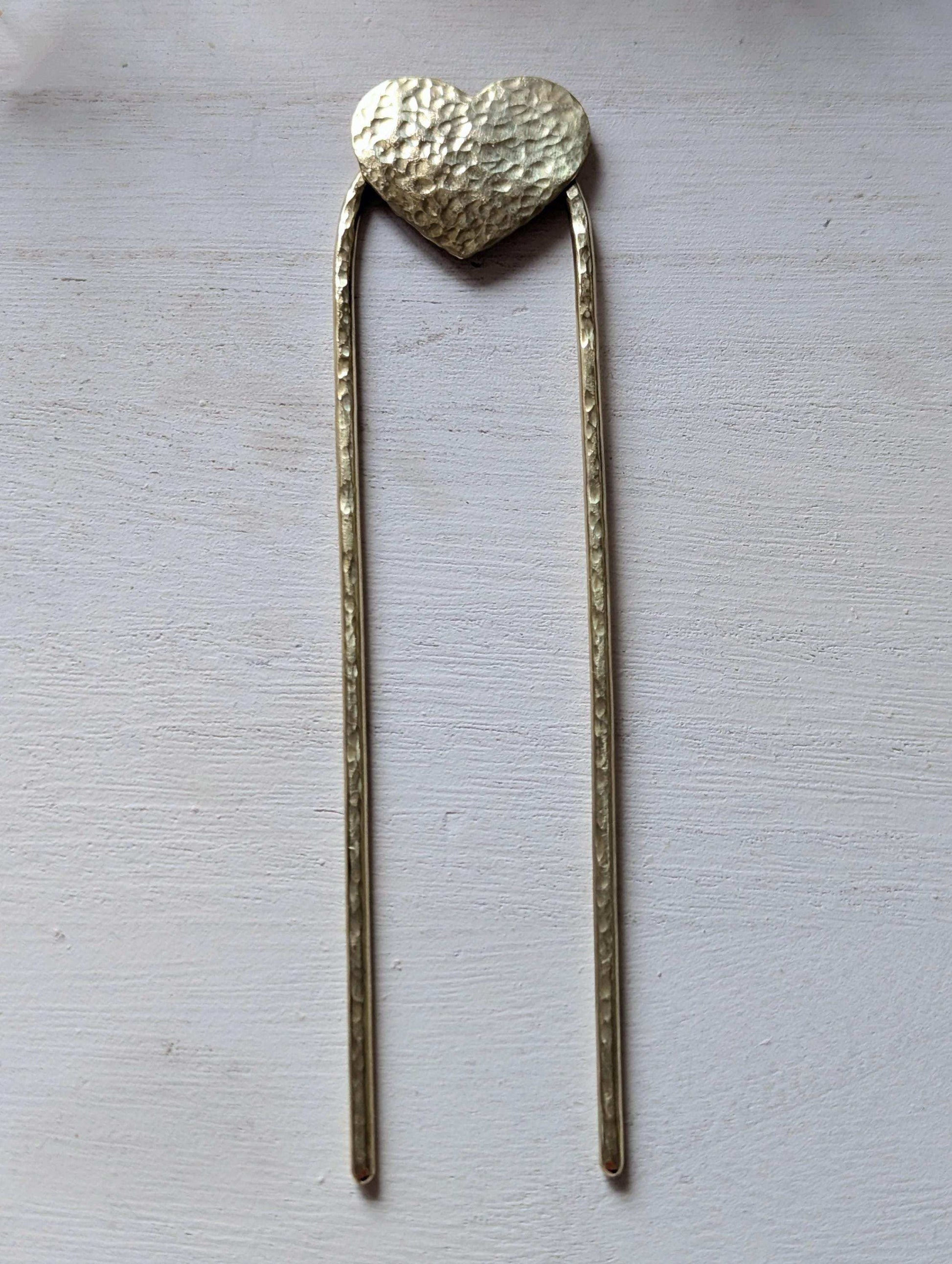 Gold hammered Heart U Pin French bun Hair Fork