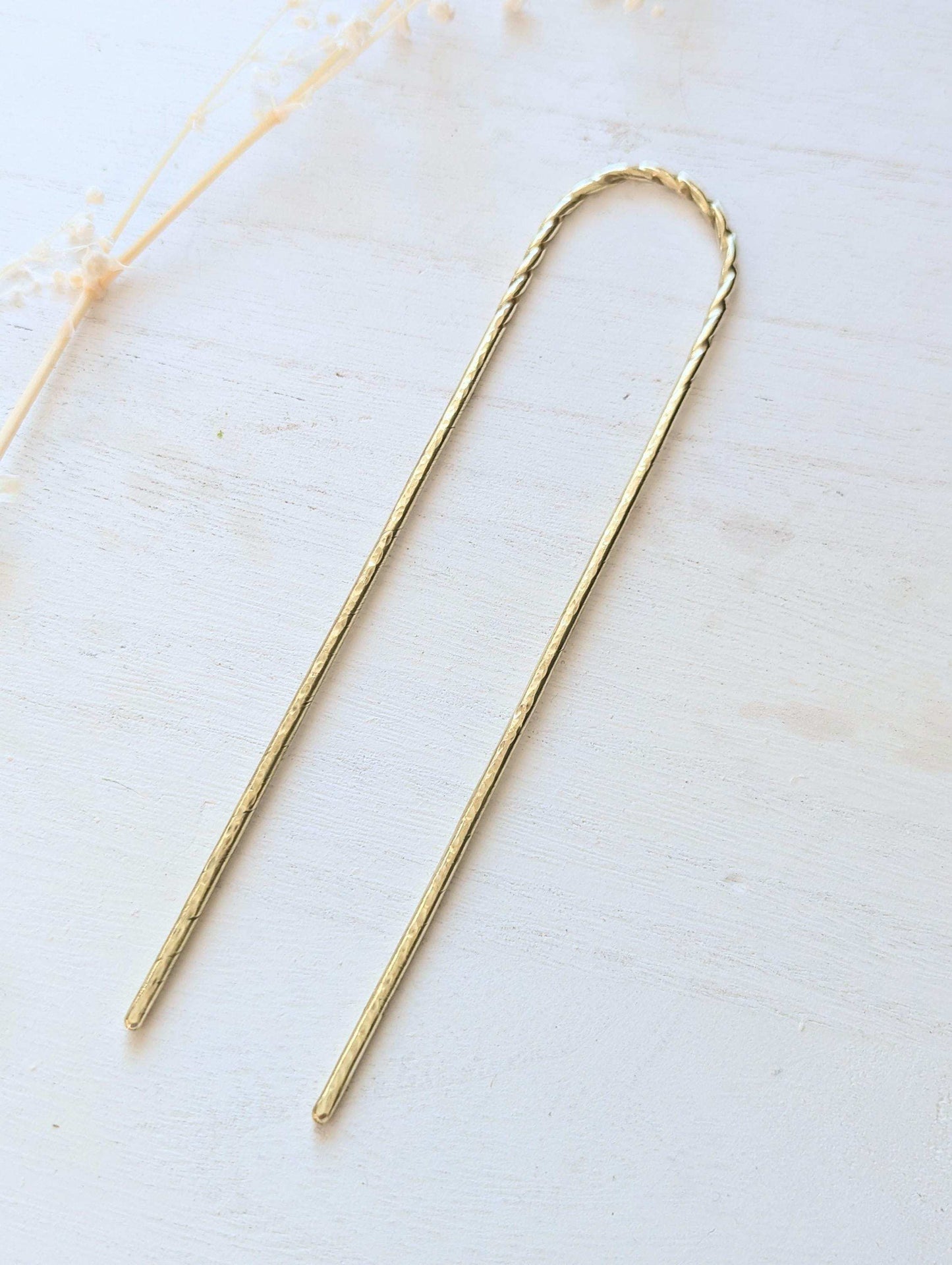 Twist & Hammered gold U pin bun holder Hair fork - full view of twist and hammered u pin fork
