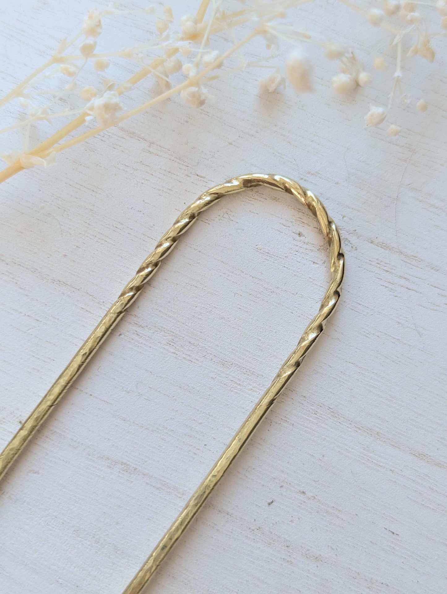 Twist & Hammered gold U pin bun holder Hair fork - close up of twist at the top of hammered u pin fork