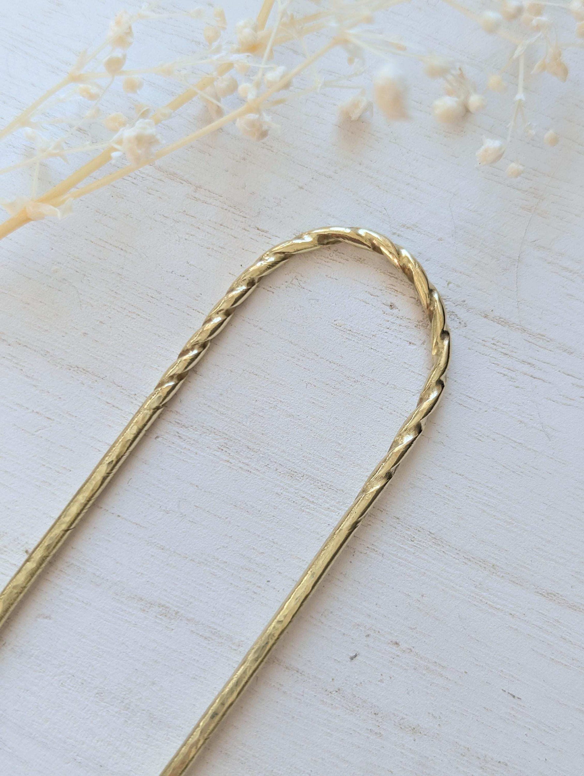 Twist & Hammered gold U pin bun holder Hair fork - close up of twist at the top of hammered u pin fork