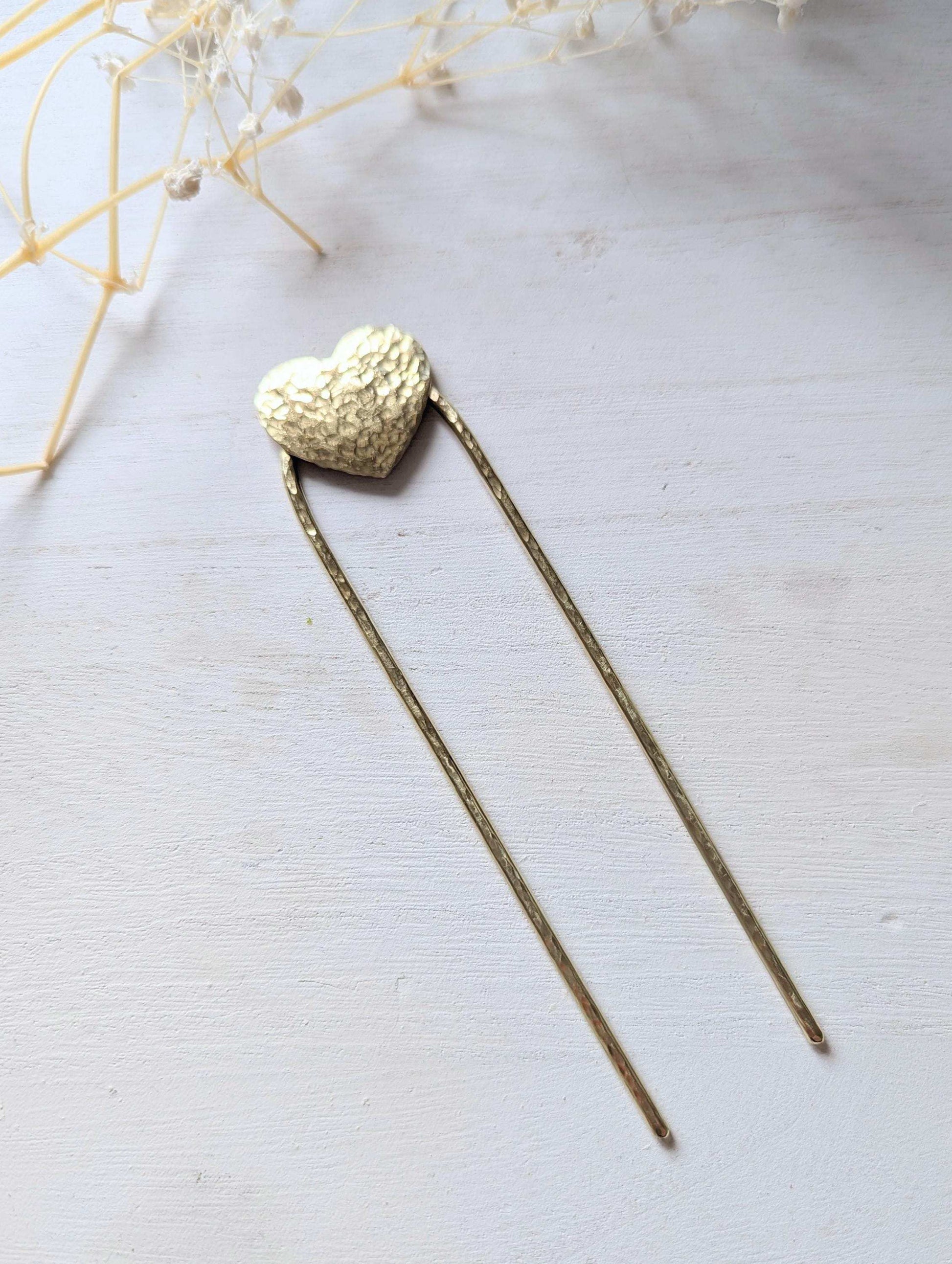 Gold hammered Heart U Pin French bun Hair Fork