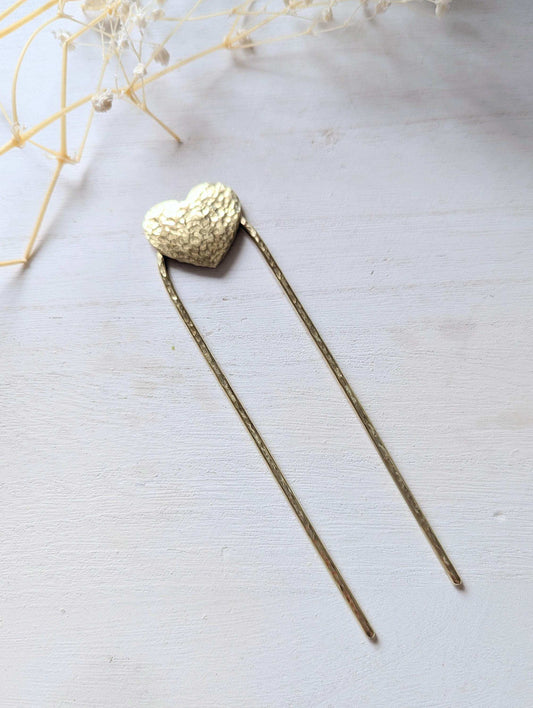 Gold hammered Heart U Pin French bun Hair Fork