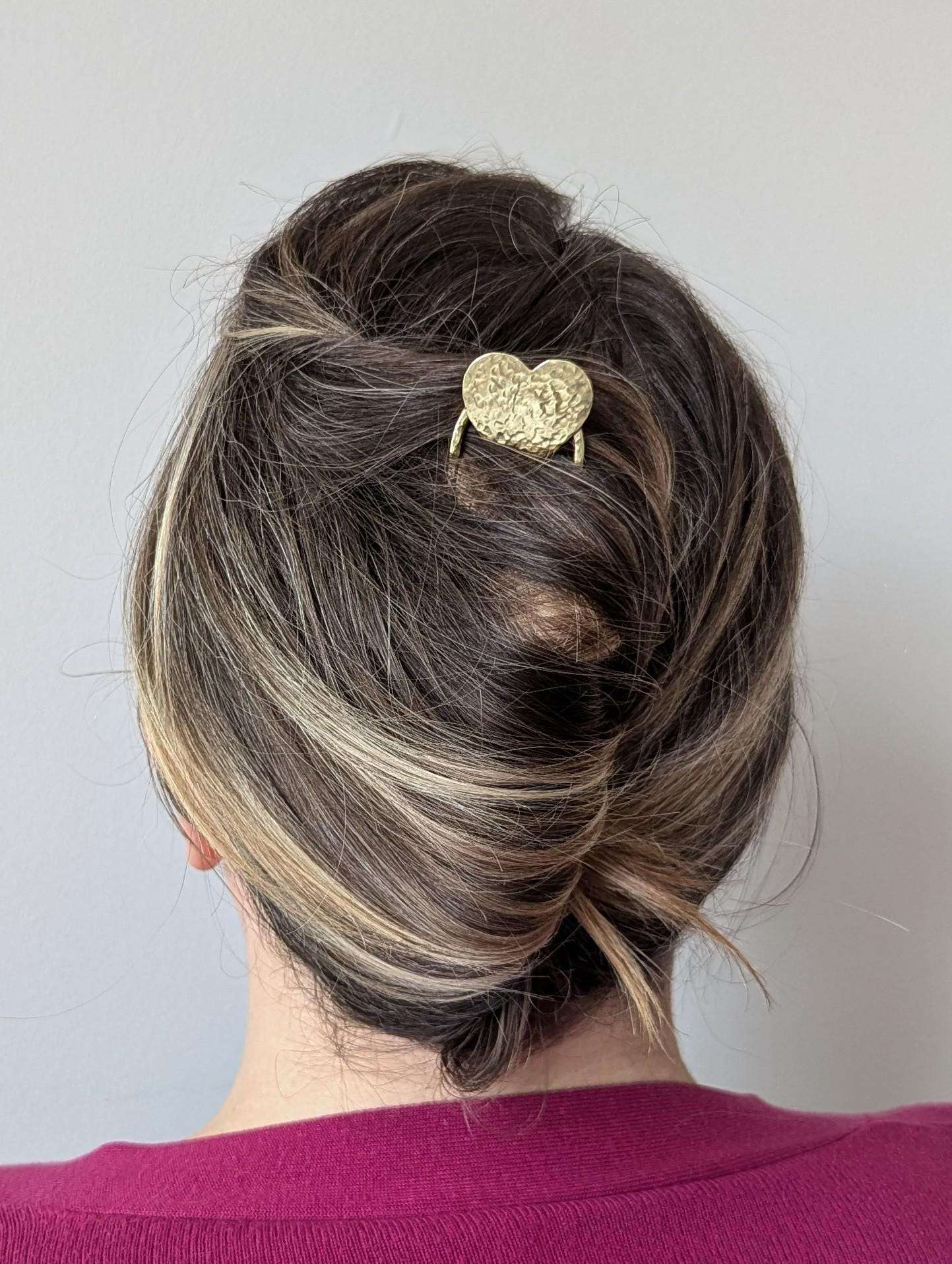 Gold Heart U Pin French bun Hair Fork - shown in hair
