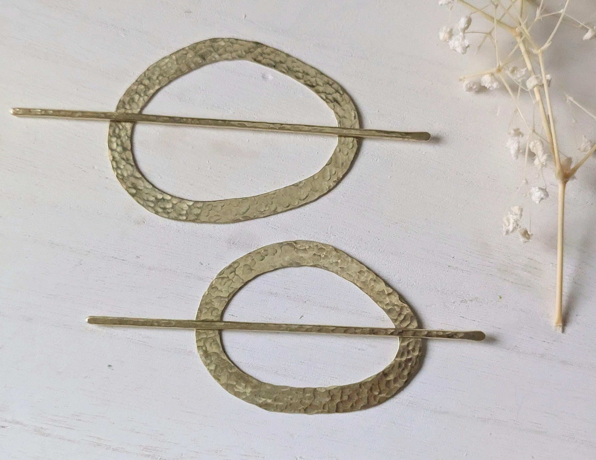 Pebble gold hammered brass round hair stick barrette bun holder - shows 2 sizes