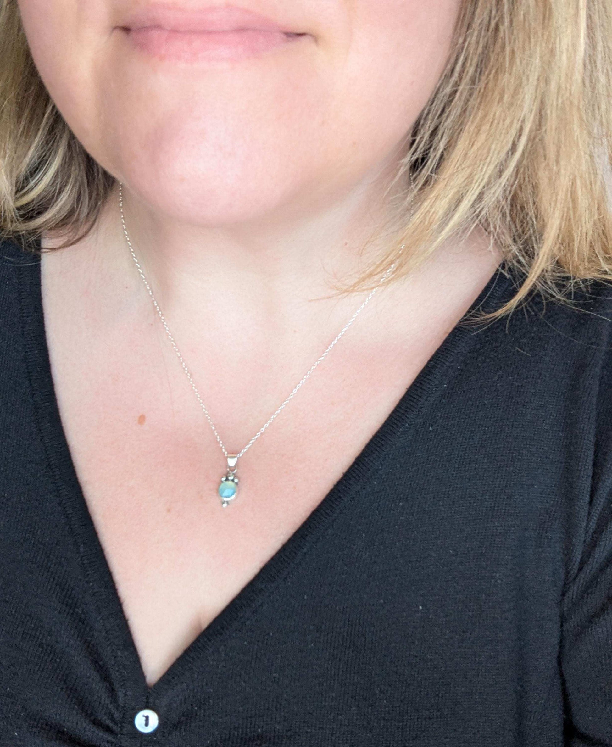 Dainty aqua blue Chalcedony rose cut sterling silver water drop pendant necklace