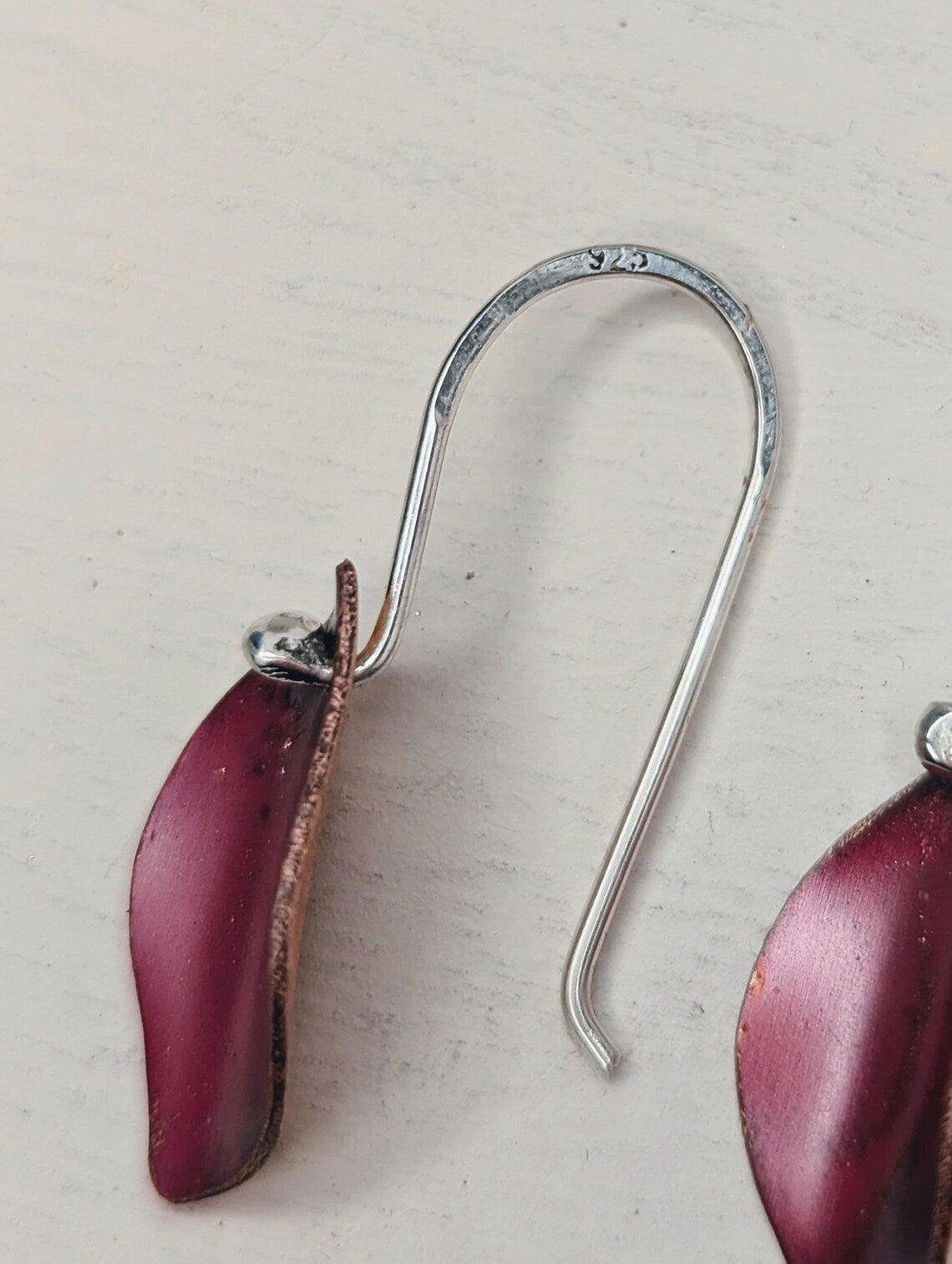 Handcrafted Autumn Leaf Dangle Earrings in Sterling Silver & Copper with a vibrant red Patina - 925 stamp shown