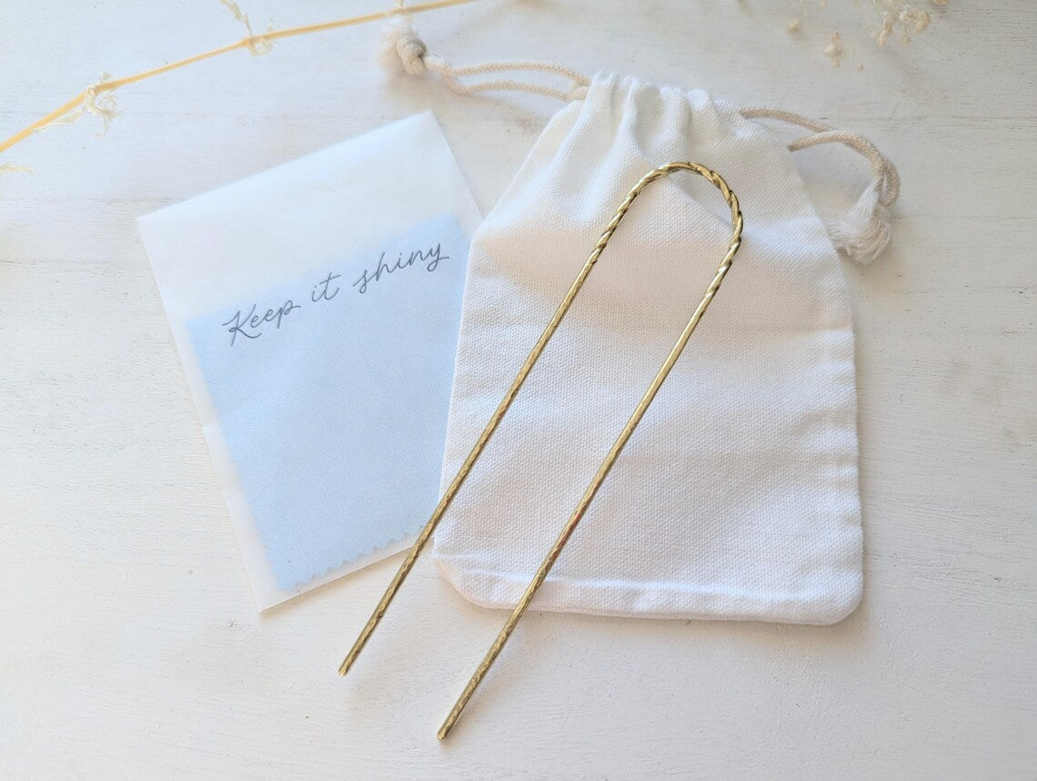 Twist & Hammered gold U pin bun holder Hair fork - shows cotton bag and polishing cloths included
