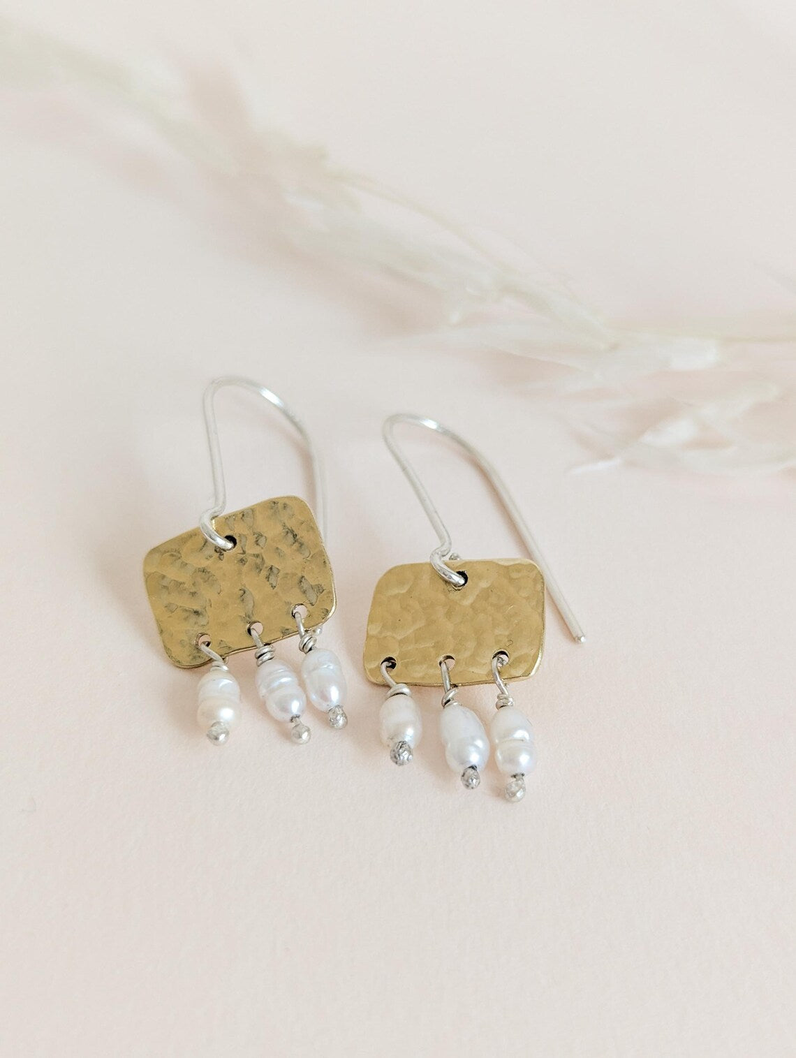 Roman style hammered brass gold squares with 3 seed pearl droplets hanging from each square | 925 Sterling Silver ear wires - mixed metals
