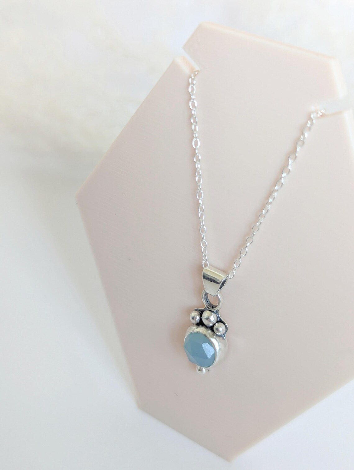 Dainty aqua blue Chalcedony rose cut sterling silver water drop pendant necklace