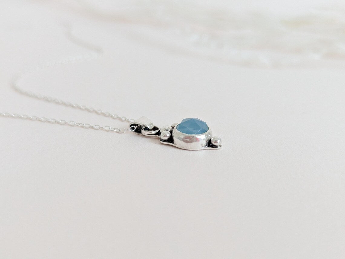 Dainty aqua blue Chalcedony rose cut sterling silver water drop pendant necklace