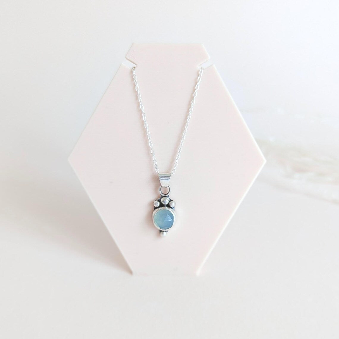 Dainty aqua blue Chalcedony rose cut sterling silver water drop pendant necklace