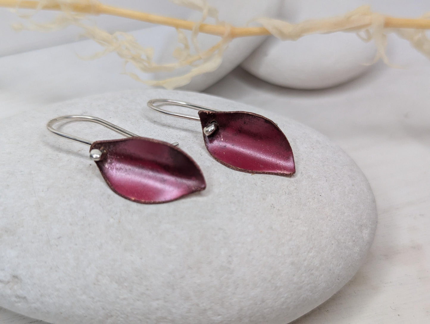 Handcrafted Autumn Leaf Dangle Earrings in Sterling Silver & Copper with a vibrant red Patina