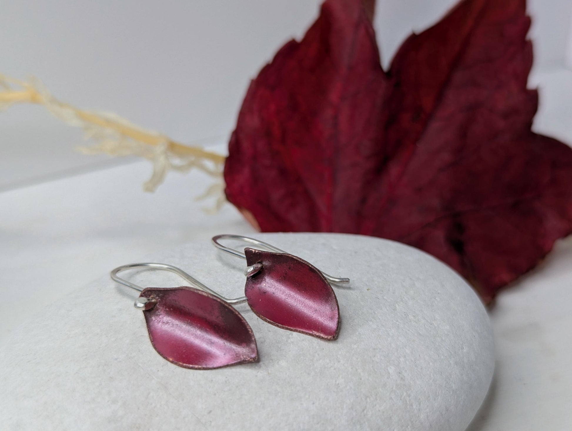 Handcrafted Autumn Leaf Dangle Earrings in Sterling Silver & Copper with a vibrant red Patina