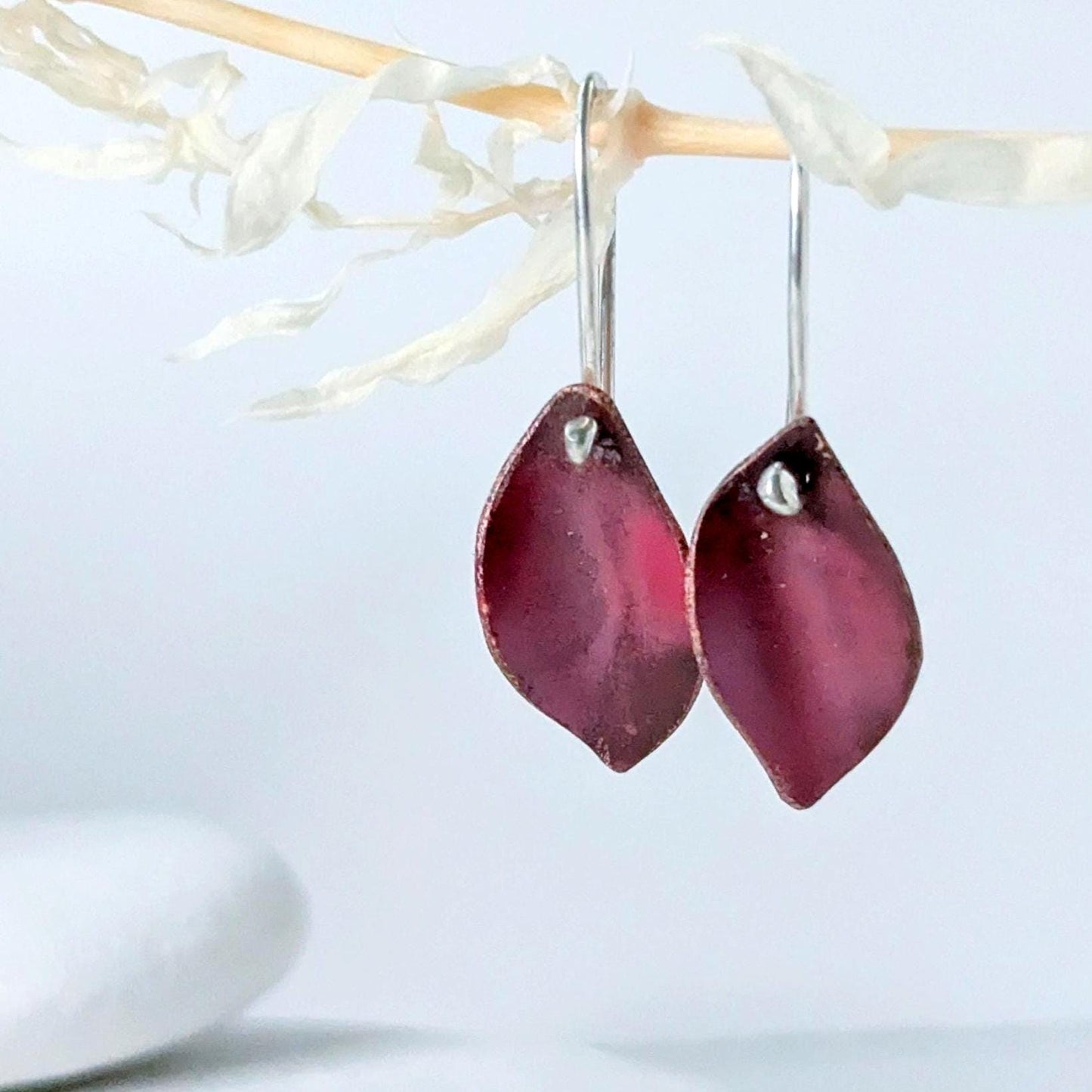 Handcrafted Autumn Leaf Dangle Earrings in Sterling Silver & Copper with a vibrant red Patina