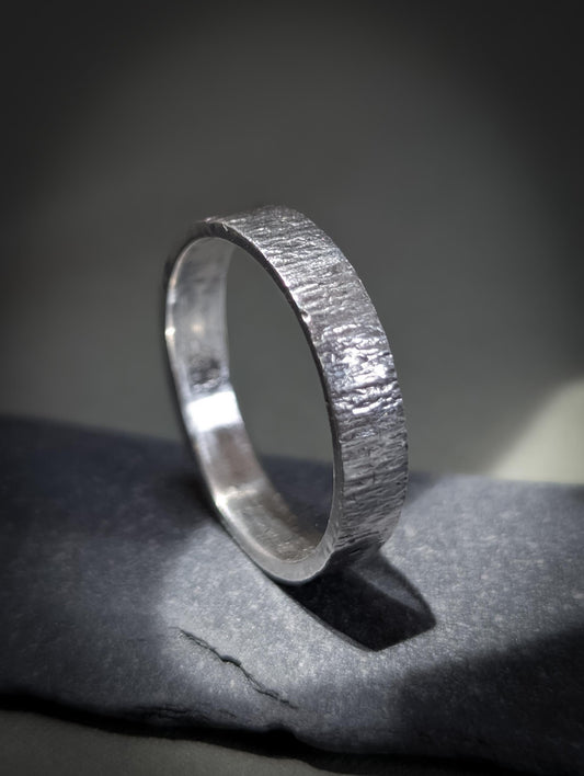 4mm wide bark textured solid sterling silver chunky ring with a Ring box option