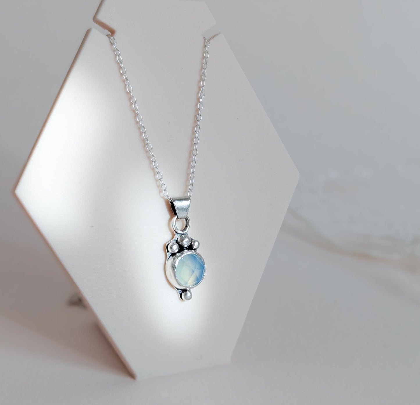 Dainty aqua blue Chalcedony rose cut sterling silver water drop pendant necklace
