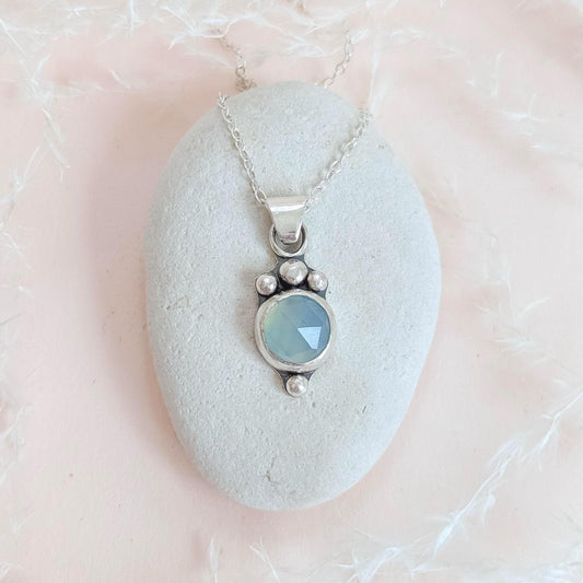 Dainty aqua blue Chalcedony rose cut sterling silver water drop pendant necklace