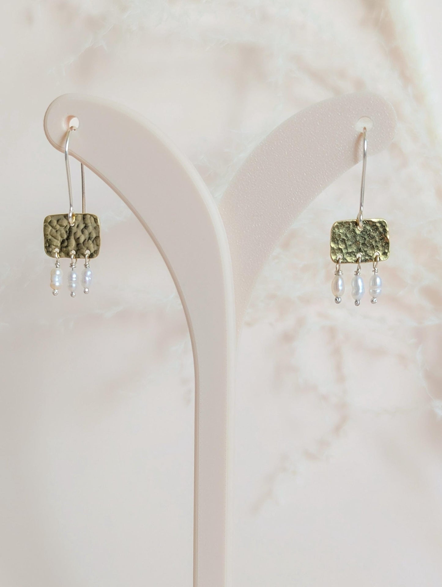 Roman style hammered brass gold squares with 3 seed pearl droplets hanging from each square | 925 Sterling Silver ear wires - mixed metals