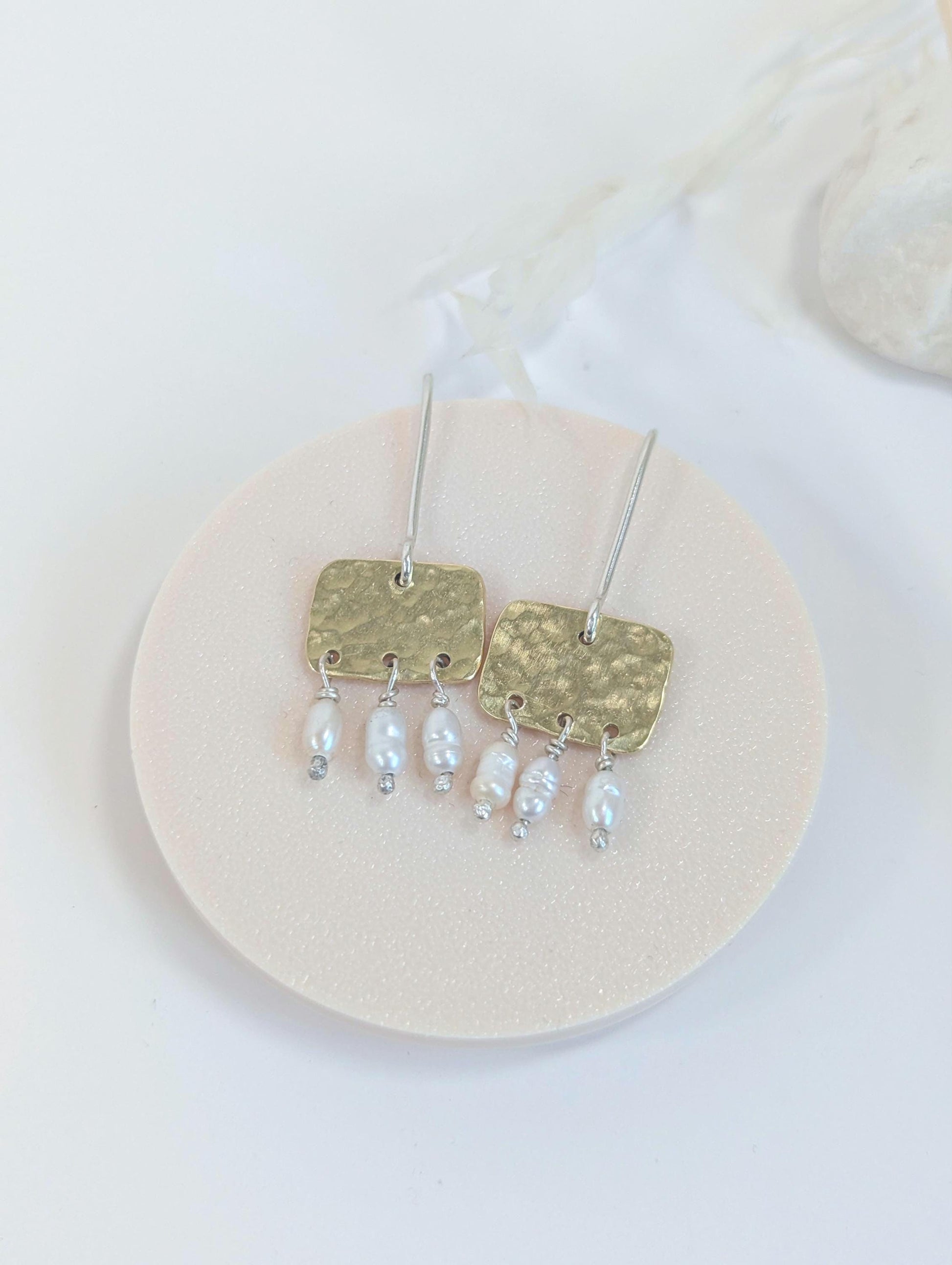 Roman style hammered brass gold squares with 3 seed pearl droplets hanging from each square | 925 Sterling Silver ear wires - mixed metals