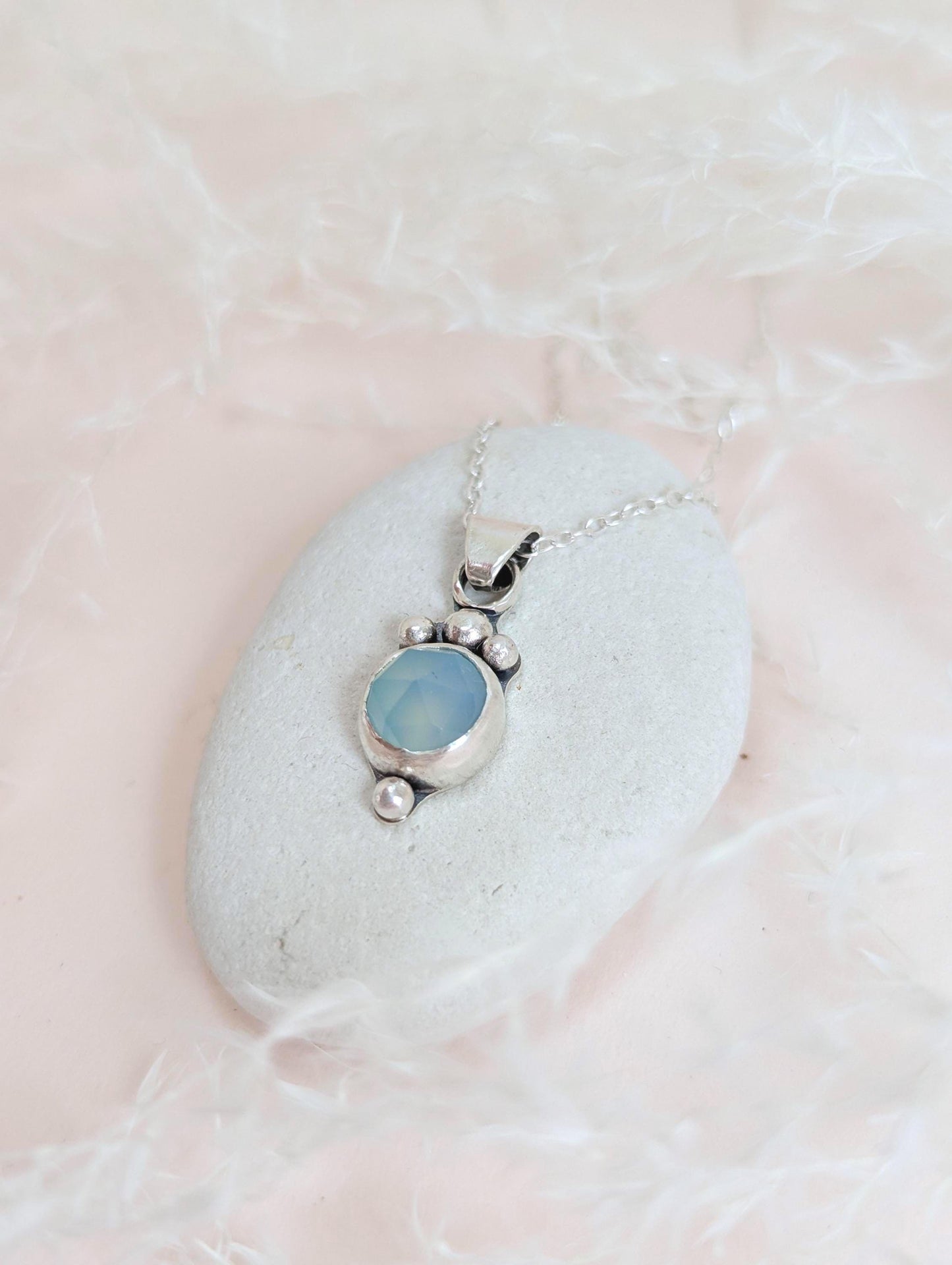 Dainty aqua blue Chalcedony rose cut sterling silver water drop pendant necklace