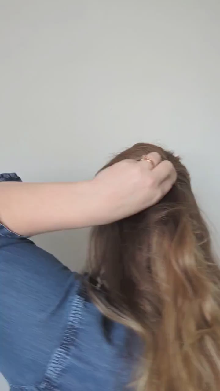 Pebble gold hammered brass round hair stick barrette bun holder - being shown worn in half up hairstyle