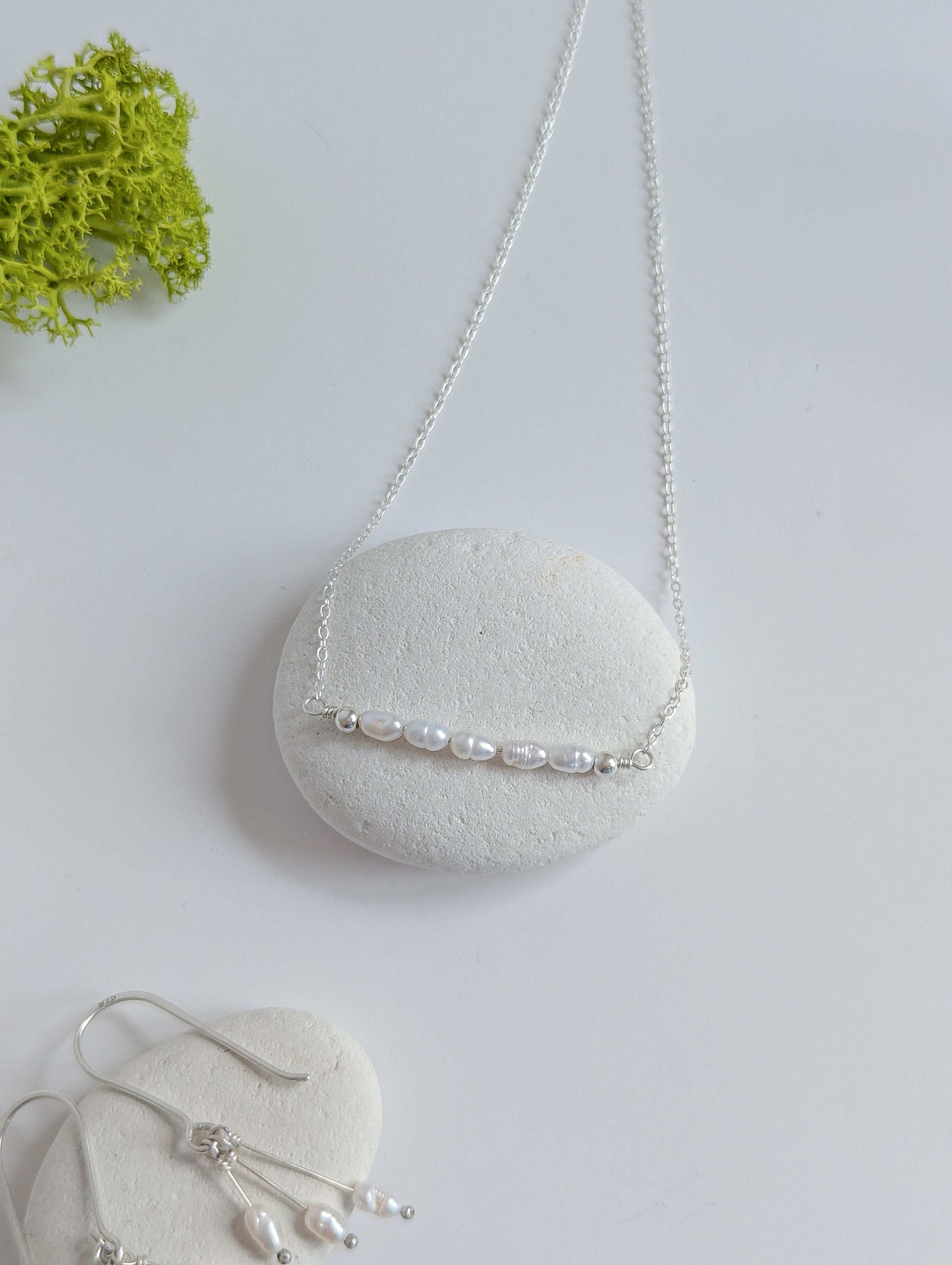 Dainty freshwater seed pearl bar necklace - laid flat