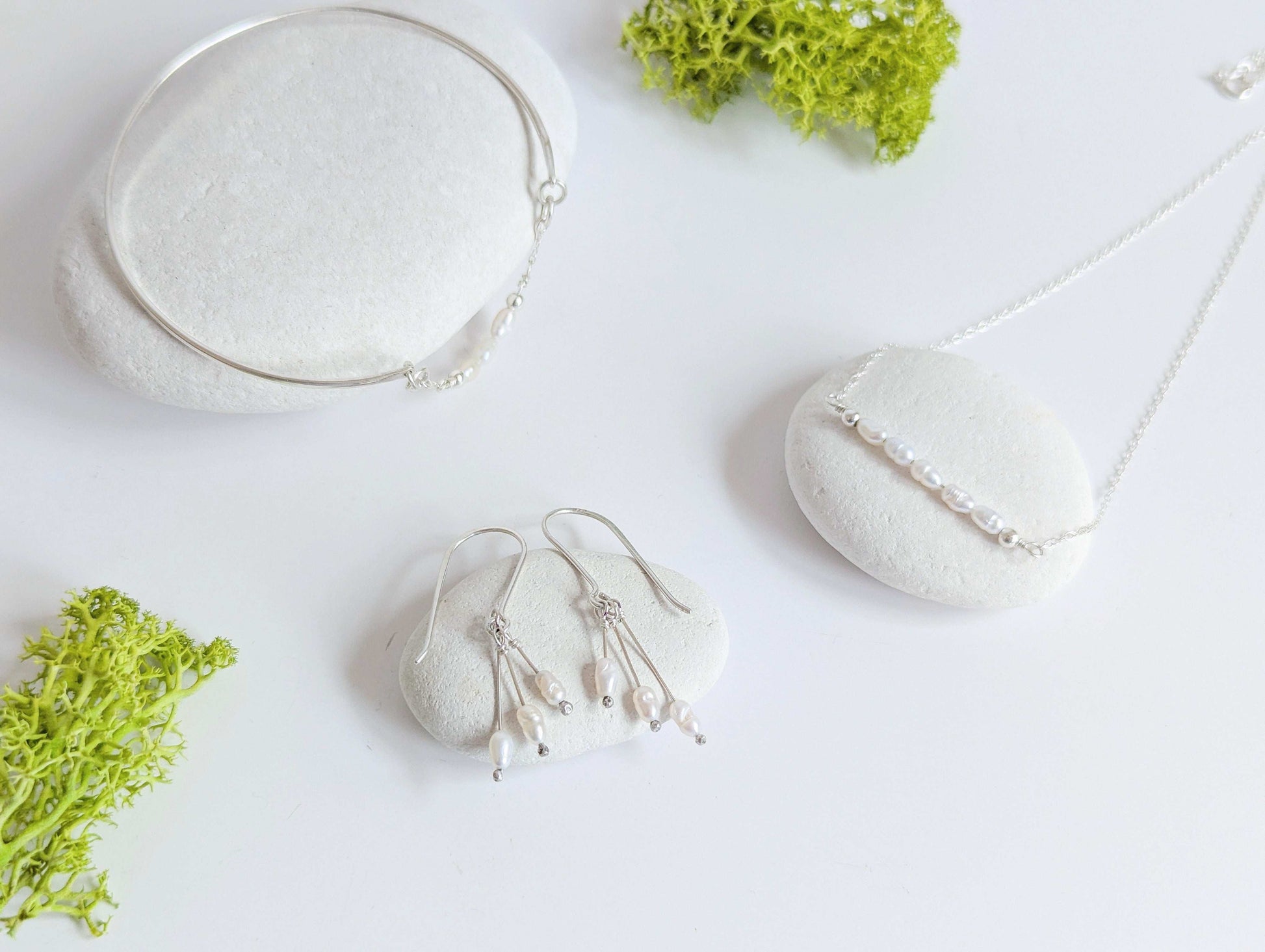 Dainty freshwater seed pearl dangle cascade drop earrings in Sterling silver - show demi-parure set which included  matching pearl cuff bracelet, earrings and necklace